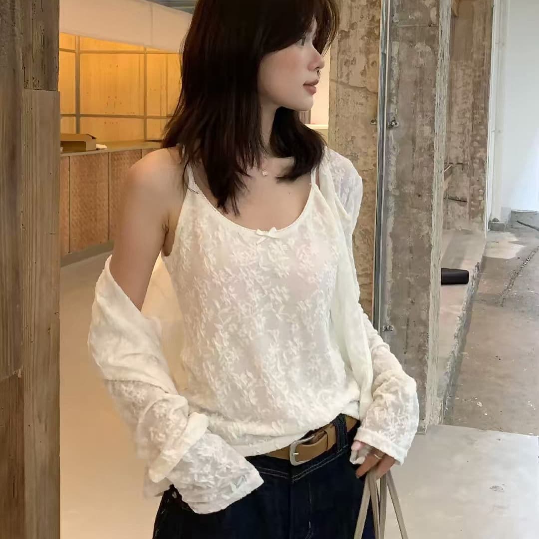 한 부서 무거운 작업 자카드 레이스 캐미솔 긴팔 오픈 가디건 두 조각 여성 세트