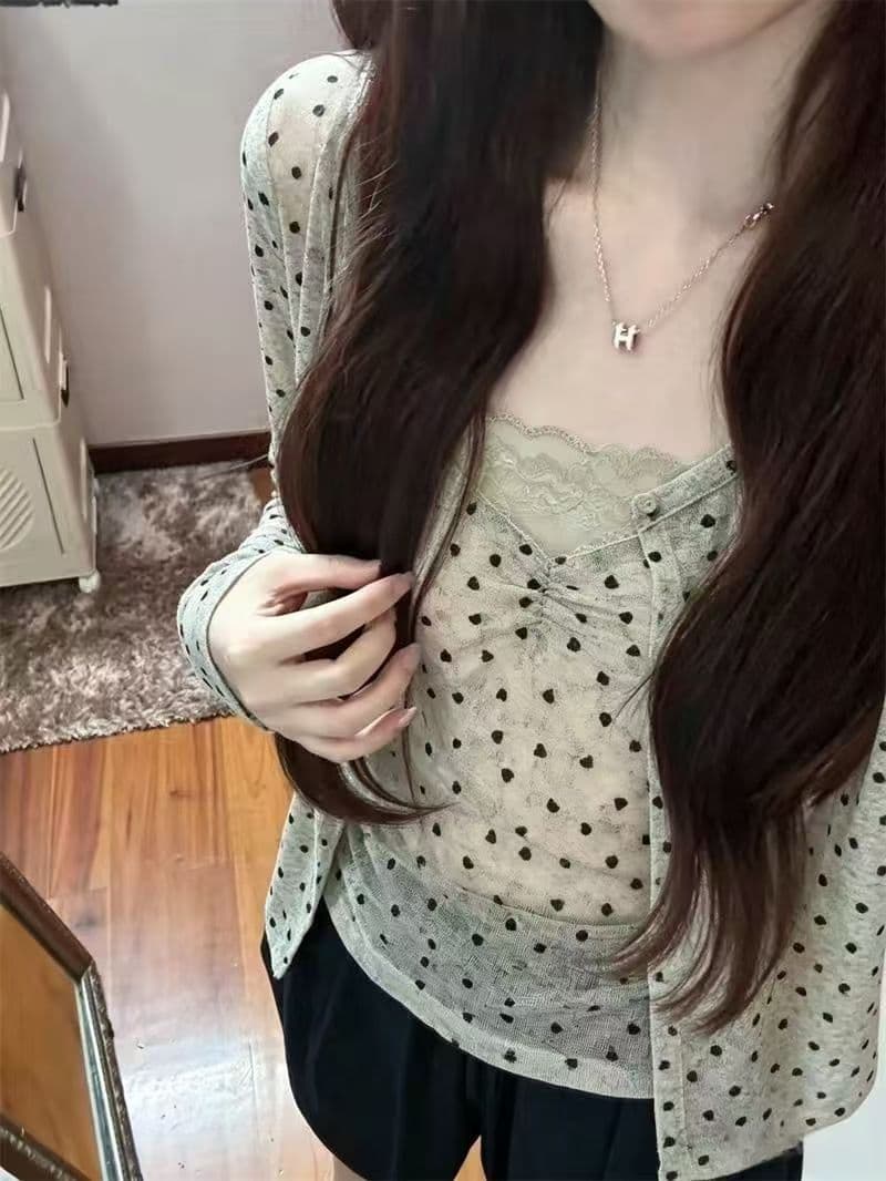 순수한 욕망 레이스 사랑 인쇄 꽃 마음 V넥 캐미솔 도트 무늬 긴팔 오픈 가디건 맨위 두 조각 여성 세트 상세 이미지 3
