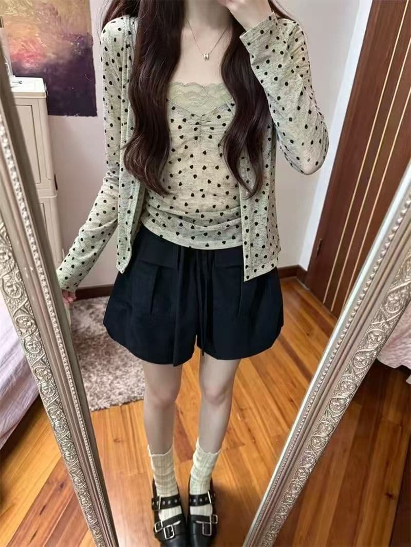 순수한 욕망 레이스 사랑 인쇄 꽃 마음 V넥 캐미솔 도트 무늬 긴팔 오픈 가디건 맨위 두 조각 여성 세트 상세 이미지 5