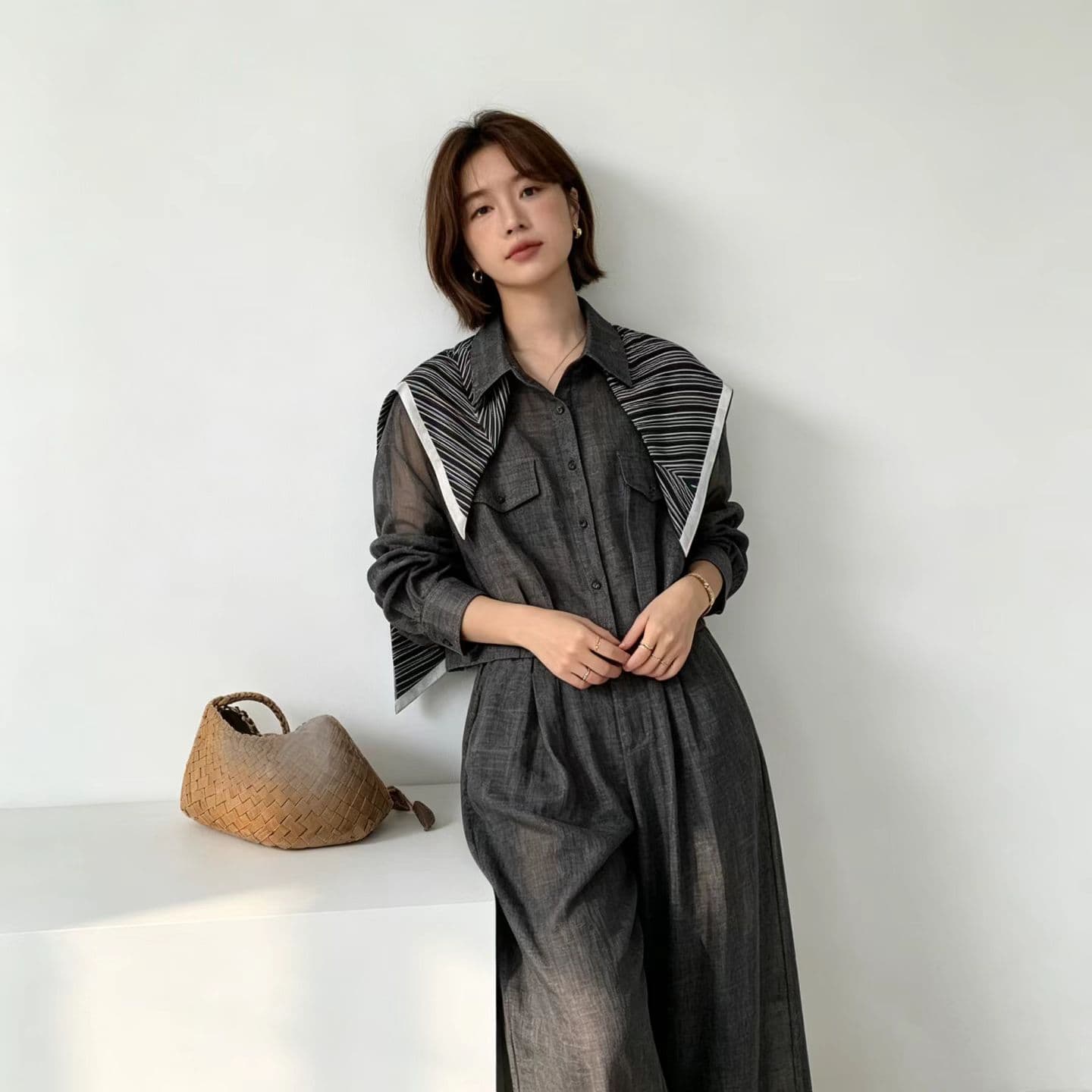 새로운 고급 센스 레트로 폴로 칼라 다용도 셔츠 Chic 허리 인감 와이드 레그 팬츠 세트 상세 이미지 8