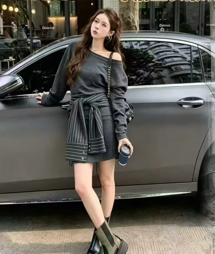 한 부서 패션 착용 가져 가라. 전체 집합 가을 새로운 스트랩 오프숄더 비스듬한 칼라 맨위 반신 스커트 2 ~ 3 개 세트 이미지 3