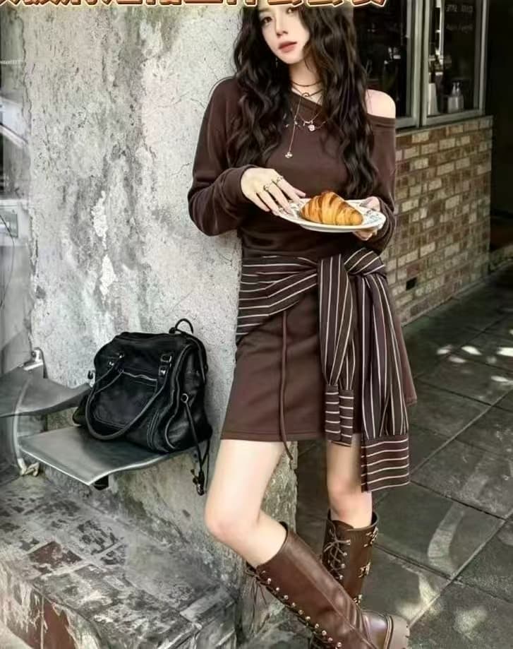 한 부서 패션 착용 가져 가라. 전체 집합 가을 새로운 스트랩 오프숄더 비스듬한 칼라 맨위 반신 스커트 2 ~ 3 개 세트 이미지 4