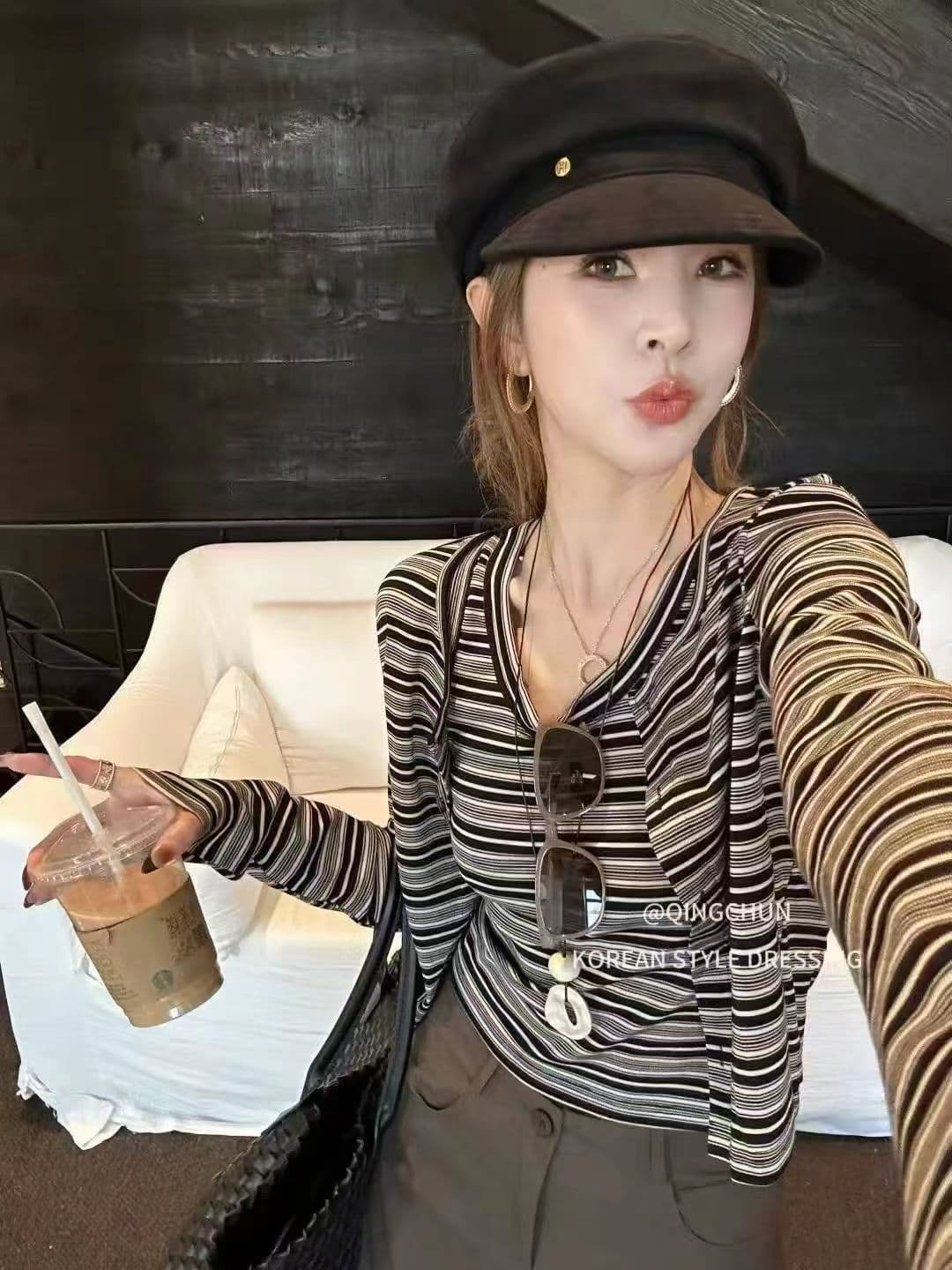 디자인 센스 한국 스타일 캐주얼 스포츠 슈트 여성 봄 가을 아메리칸 레트로 스트라이프 오픈 가디건 투피스 세트 상세 이미지 3