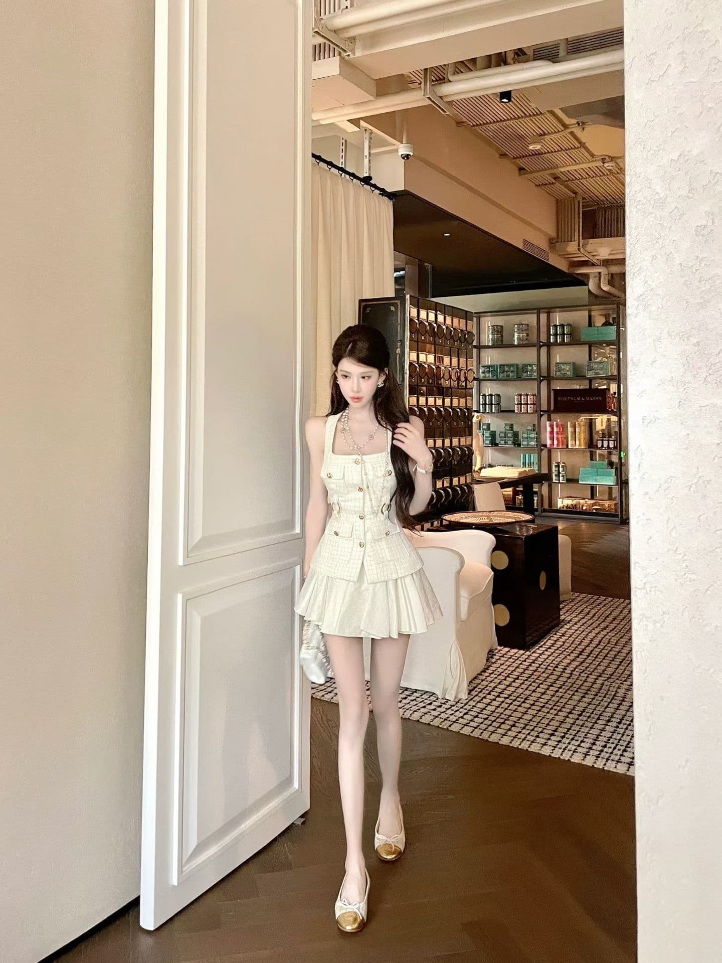 먼지 덩 덩 프랑스식 작은 샤넬 스타일 세트 여성 이른 가을 새로운 캐미솔 맨위 반 스커트 품격 투피스 세트 상세 이미지 1