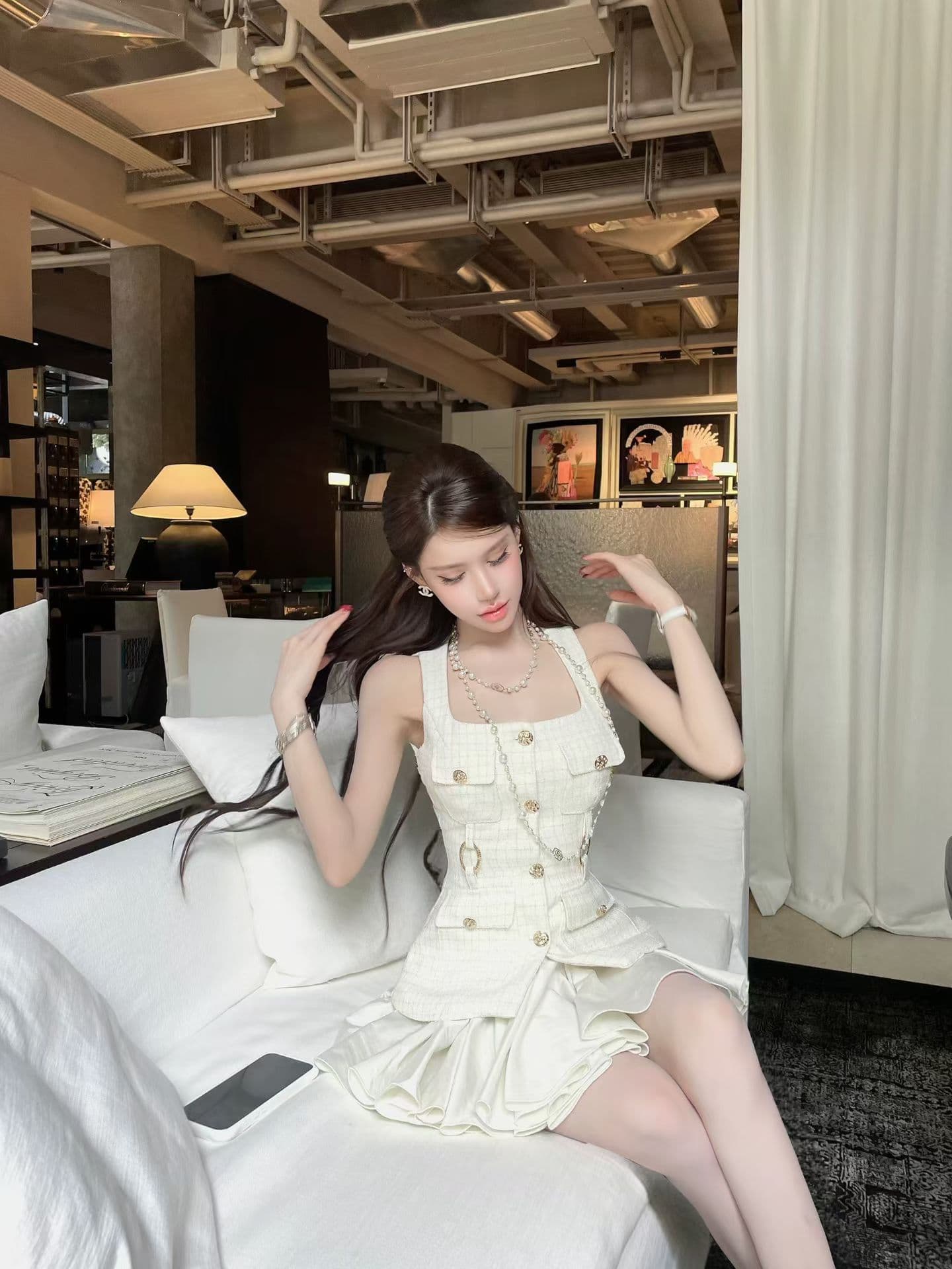 먼지 덩 덩 프랑스식 작은 샤넬 스타일 세트 여성 이른 가을 새로운 캐미솔 맨위 반 스커트 품격 투피스 세트 상세 이미지 6