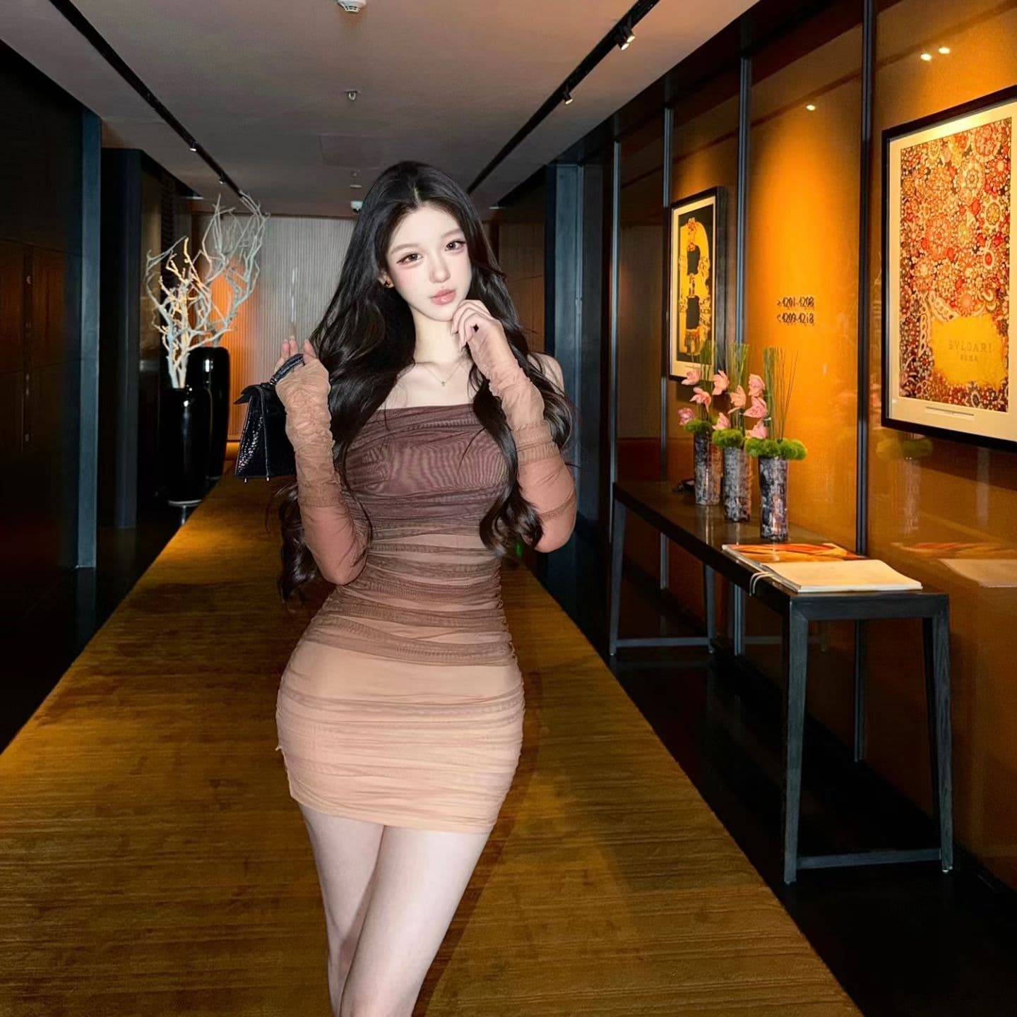 보트넥 한 부서 그라데이션 색상 긴팔 여성 드레스 2026 새로운 품격 로얄 자매 바람 허리 수축 주름 타이트 스커트 이미지 5