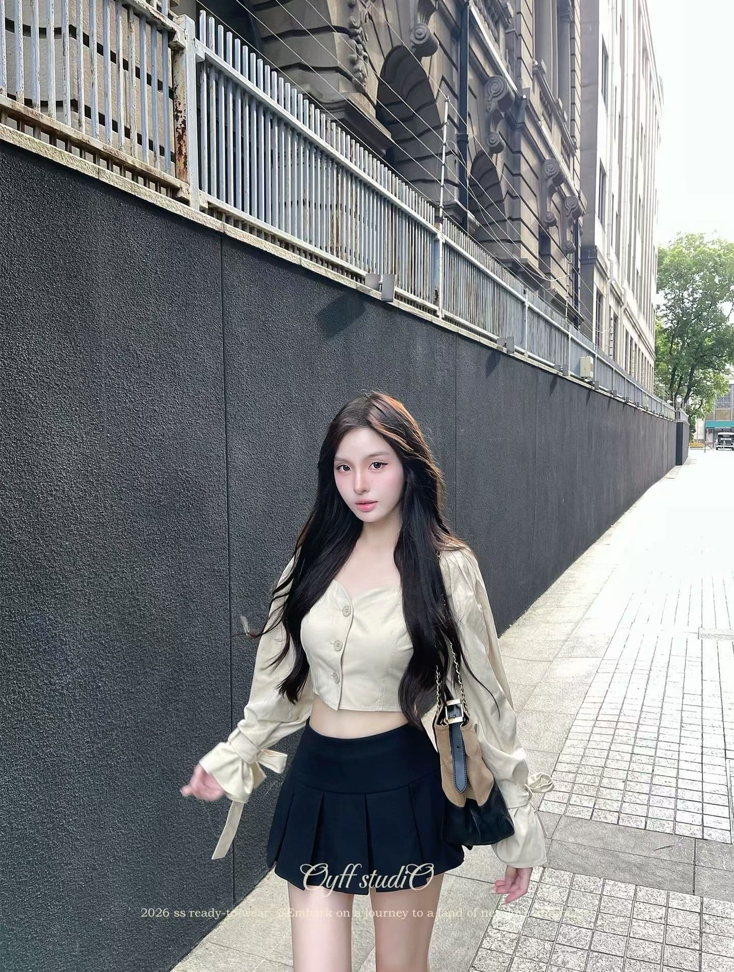 2026 년 가을 겨울 심장 모양 광장 칼라 버블 긴팔 쇼트 스타일 여성 셔츠 한 마디 짧은 치마 투피스 세트 상세 이미지 1