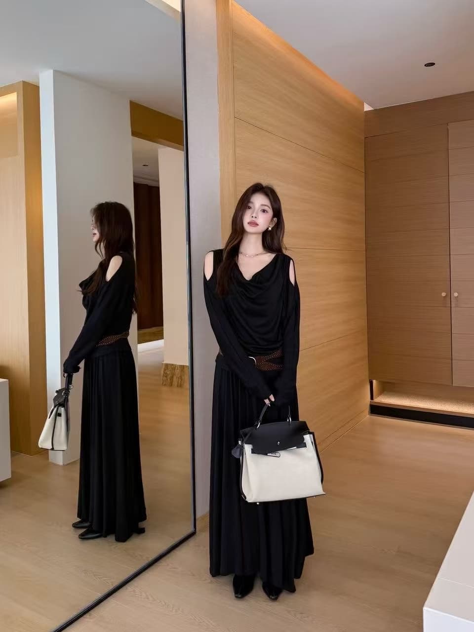 새로운 느긋한 바람 말뚝 더미 칼라 긴팔 맨위 허리밴드 끌기 반신 롱 스커트 벨트 3 세트 상세 이미지 2