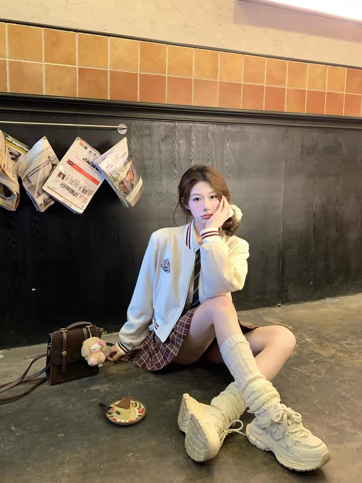 스트라이프 셔츠 야구 스타일 칼라 재킷 가을 다용도 플리츠 치마 세트 상세 이미지 2