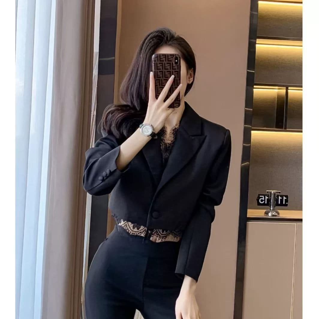 쇼트 스타일 검정색 어깨 패드 작은 양복 여성 코트 가을 명문 여성 무거운 작업 속눈썹 레이스 레이스 정장 맨위 상세 이미지 1