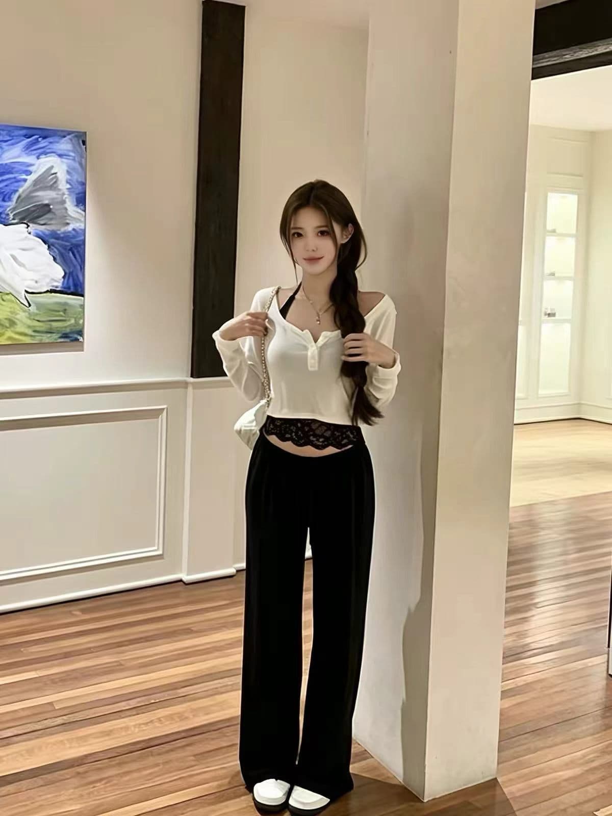 한 부서 미니멀리즘 행침 목 슬립 긴팔 티셔츠 캐주얼 바지 세 조각 여성 세트 가을 스택 착용 슬림해 보이는 세트 이미지 2