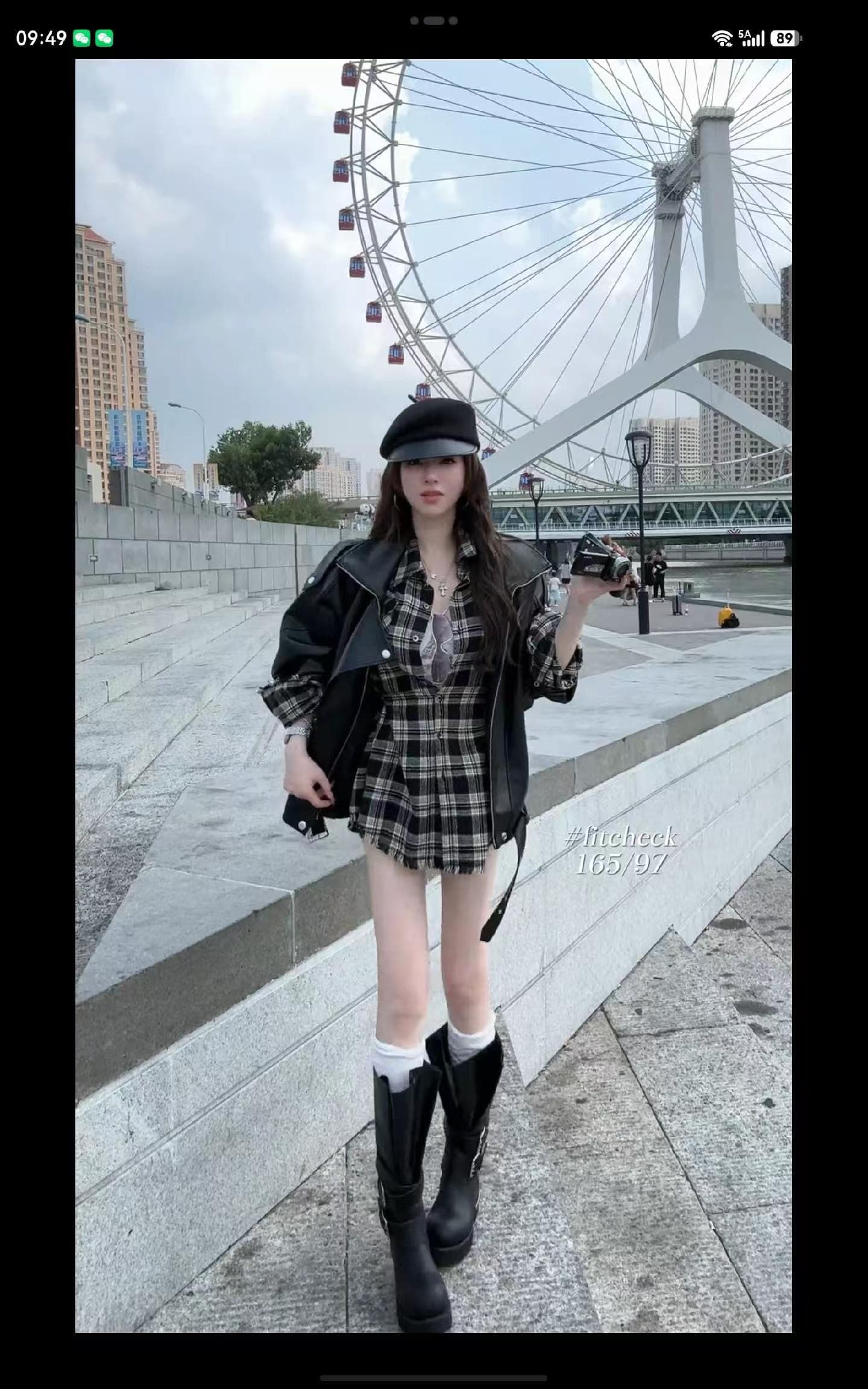 패션 레트로 루즈핏 거친 가장자리 체크무늬 POLO 칼라 셔츠 여성 드레스 가을 카디건 코트 투피스 세트
