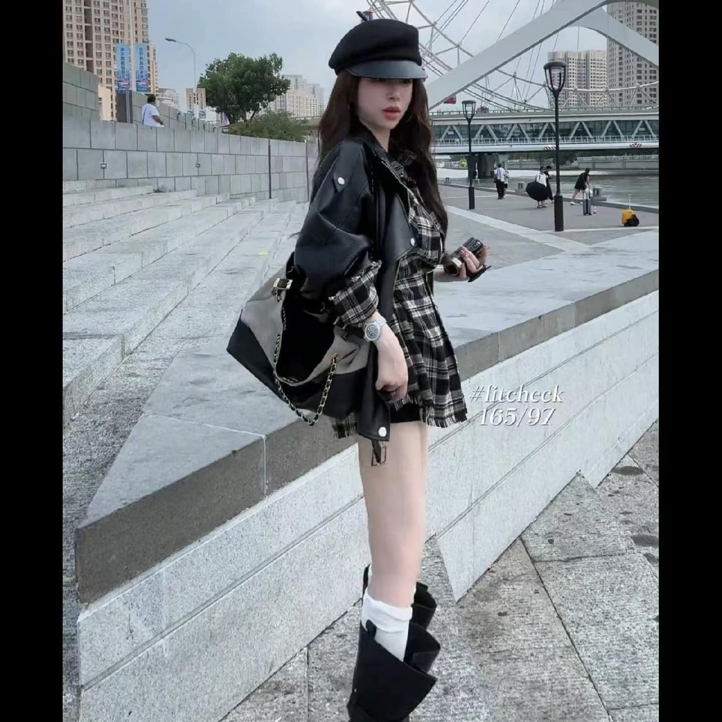 패션 레트로 루즈핏 거친 가장자리 체크무늬 POLO 칼라 셔츠 여성 드레스 가을 카디건 코트 투피스 세트 이미지 5