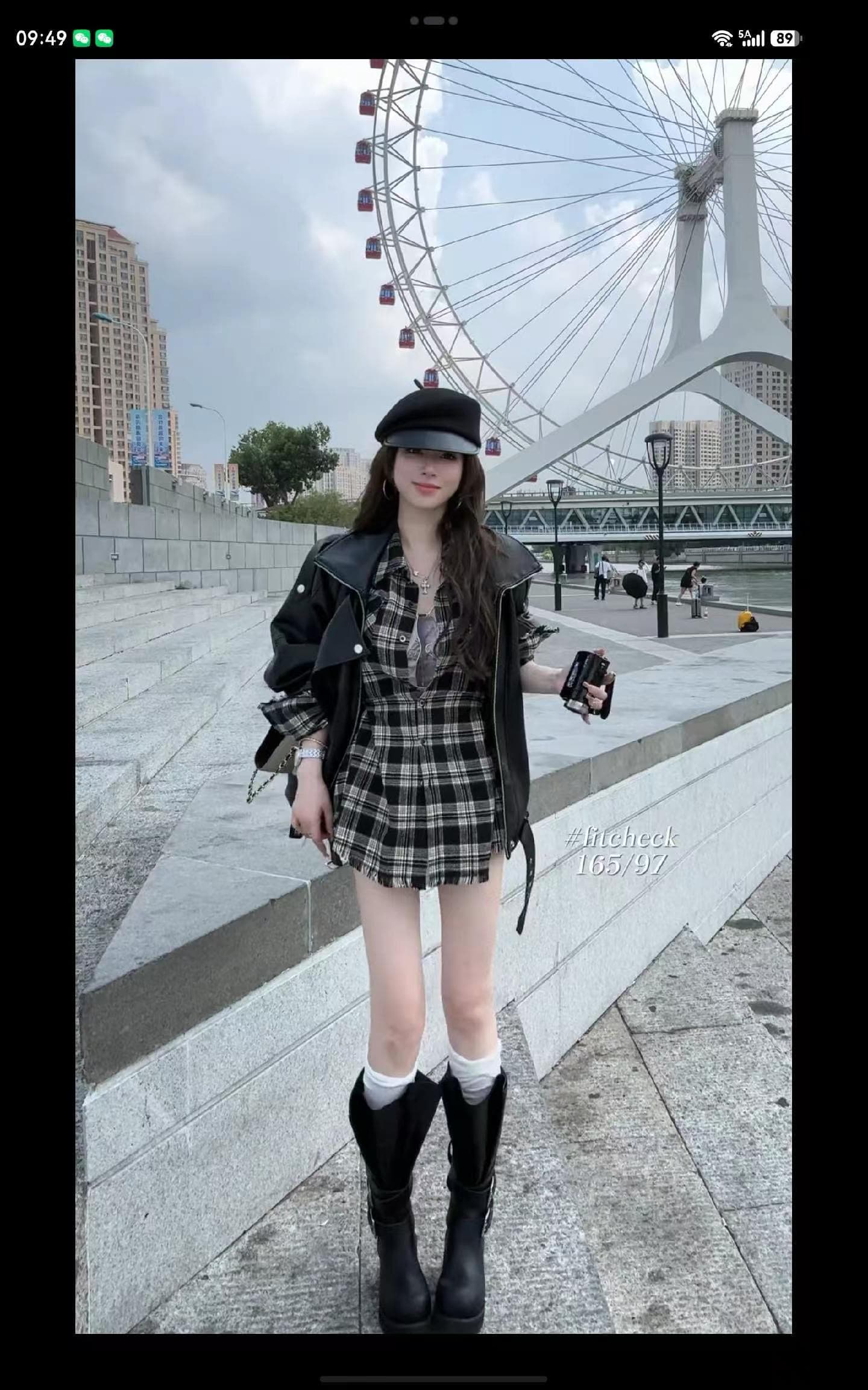 패션 레트로 루즈핏 거친 가장자리 체크무늬 POLO 칼라 셔츠 여성 드레스 가을 카디건 코트 투피스 세트 상세 이미지 3