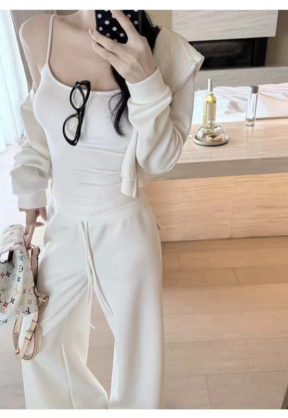 가을 새로운 단색 긴팔 후드 티 스웨터 플러스 슬립 가져 가라. 스트레이트 팬츠 패션 몸매 가꾸기 미니멀리즘 캐주얼 세트 상세 이미지 10