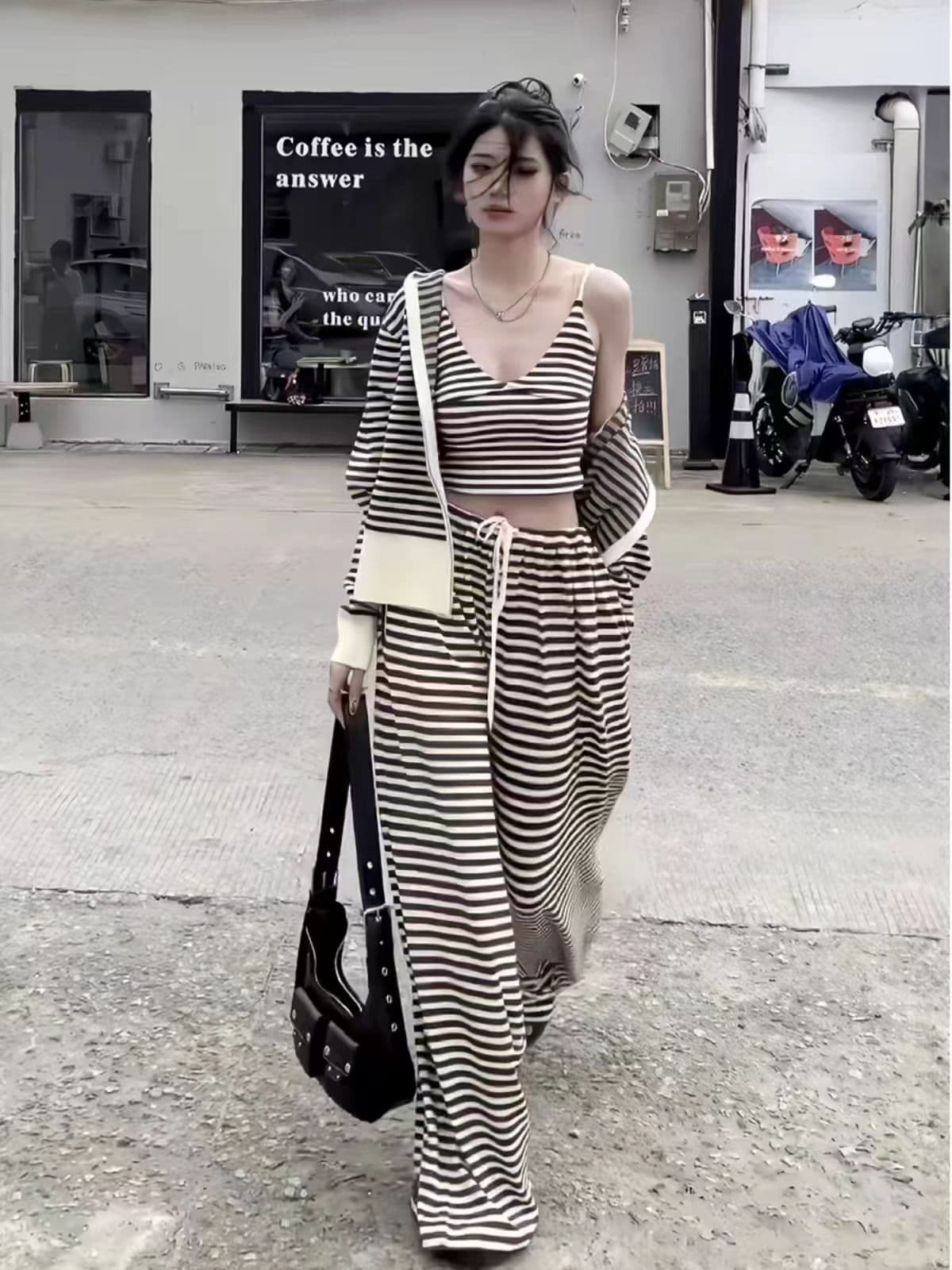 새로운 레트로 배색 스트라이프 후드 재킷 슬립 허리밴드 캐주얼 와이드 레그 팬츠 3종 세트