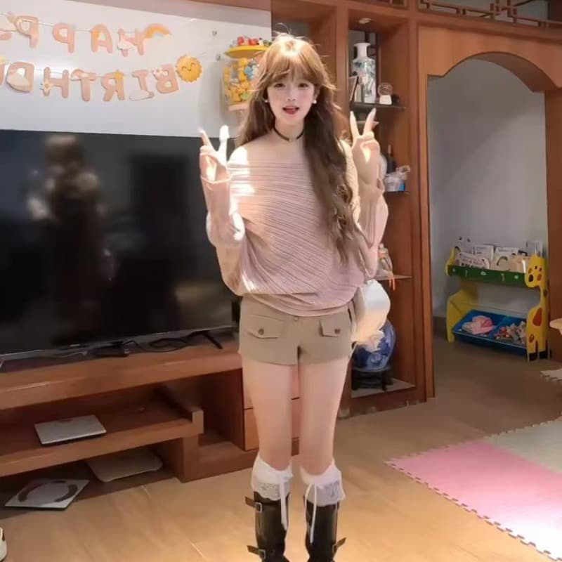 분위기 센스 벨트 가슴 패드 수신 Pleat 슬립 느긋한 배트윙 소매 니트 자외선 차단 오픈 가디건 카키 반바지 이미지 5