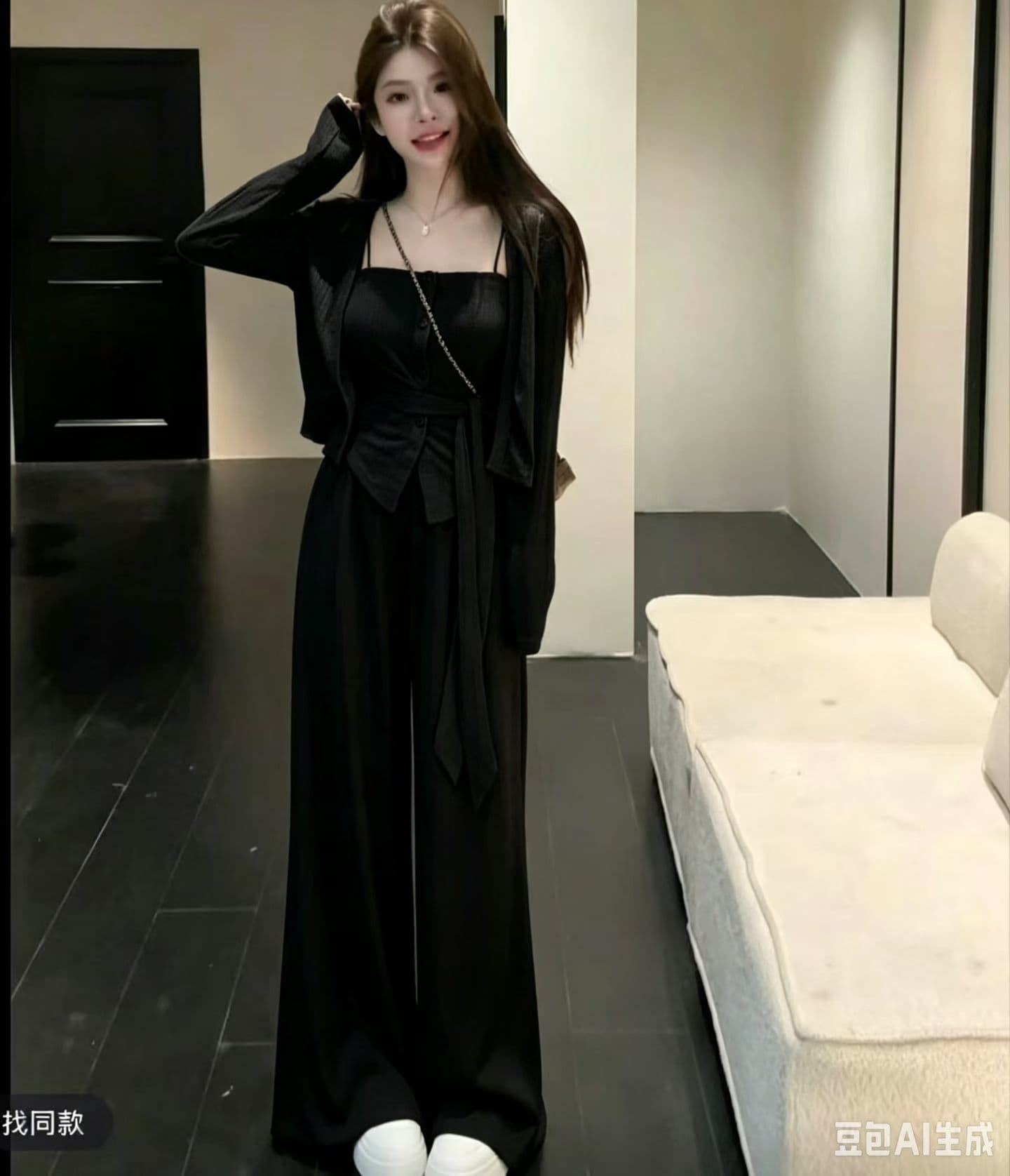2026 가을 겨울 새로운 패션 항구 바람을 피우다 롱 코트 홀로우 아웃 니트 와우 오. 세트 행침 목 조끼 와이드 레그 팬츠 3종 세트 이미지 2