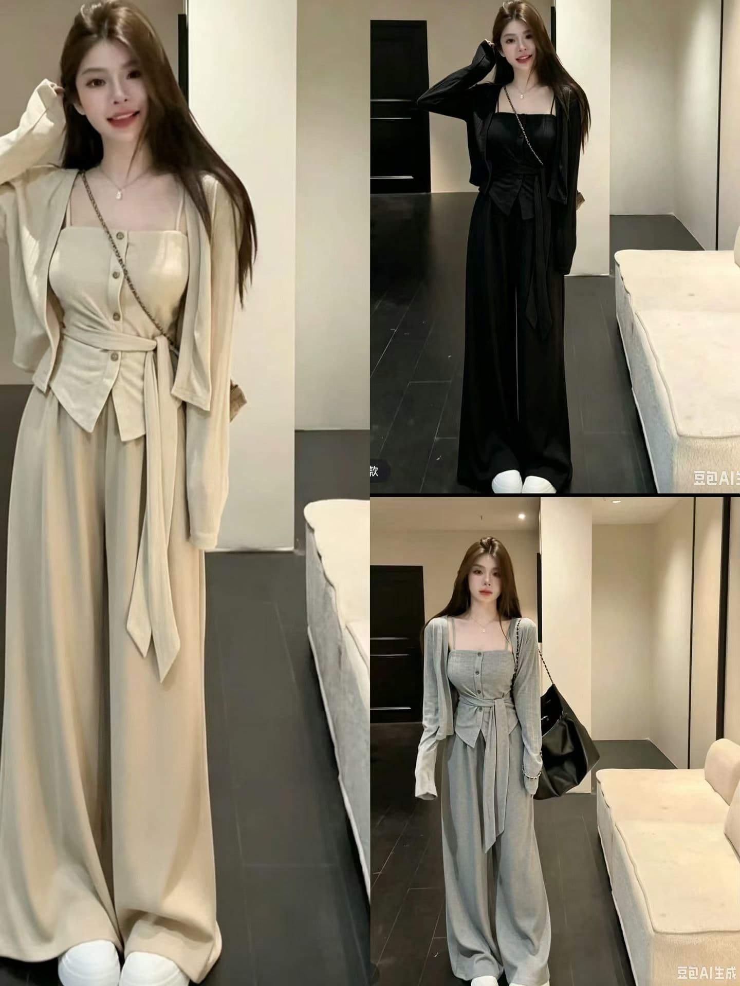 2026 가을 겨울 새로운 패션 항구 바람을 피우다 롱 코트 홀로우 아웃 니트 와우 오. 세트 행침 목 조끼 와이드 레그 팬츠 3종 세트 상세 이미지 1