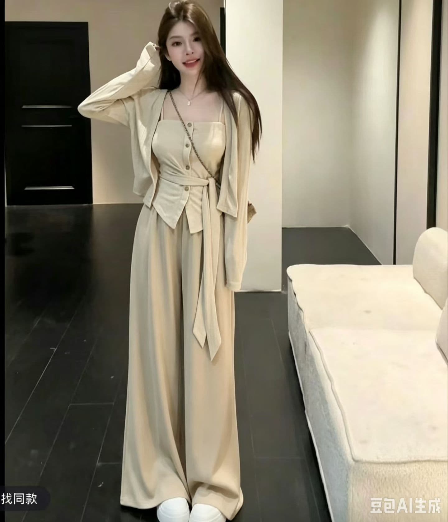 2026 가을 겨울 새로운 패션 항구 바람을 피우다 롱 코트 홀로우 아웃 니트 와우 오. 세트 행침 목 조끼 와이드 레그 팬츠 3종 세트 상세 이미지 3