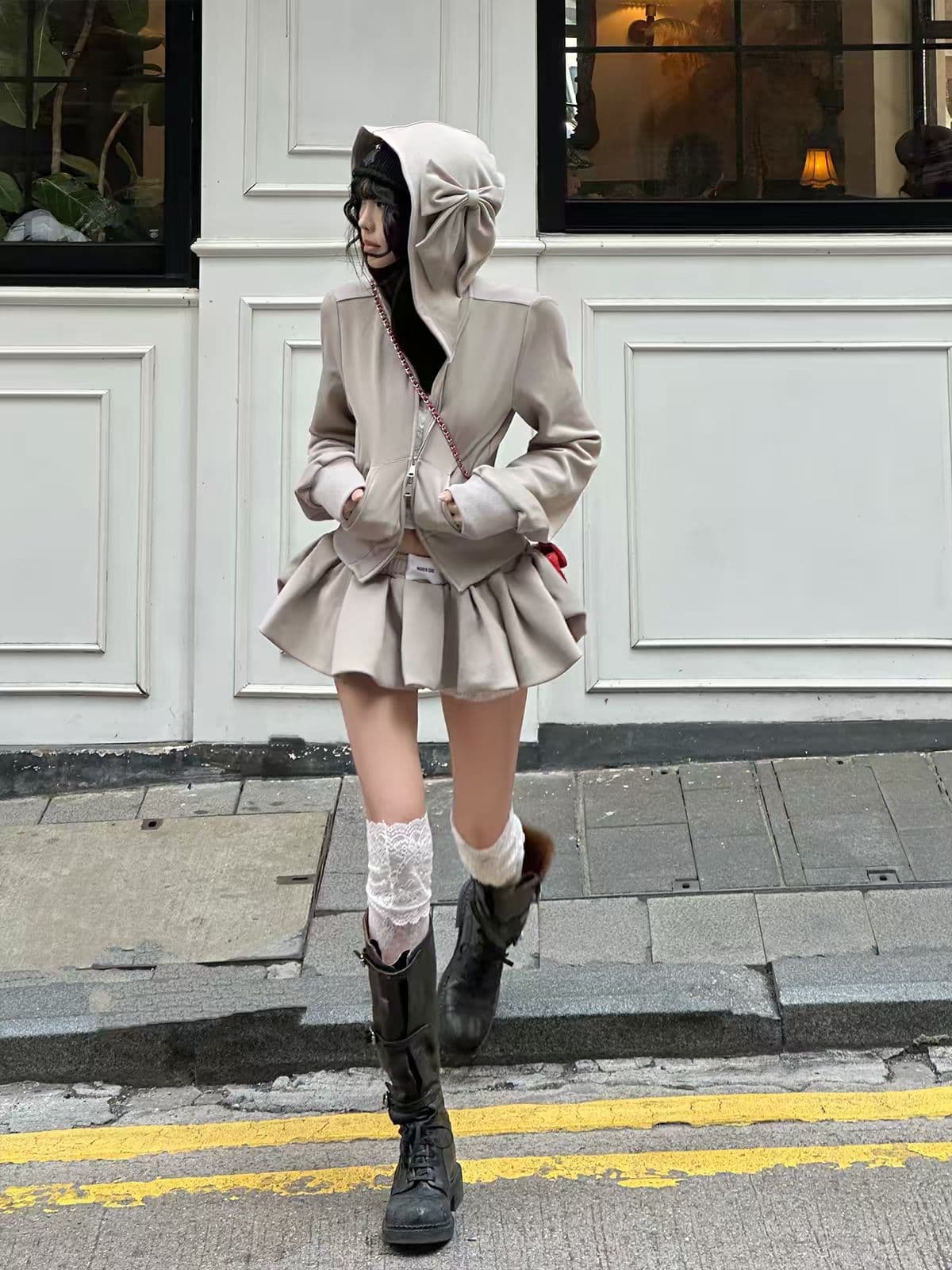이른 가을 전체 집합 착용 가져 가라. 카키 색 나비 매듭 후드 티 스웨터 여성 작은 키 쇼트 스타일 카디건 코트 세트 이미지 3