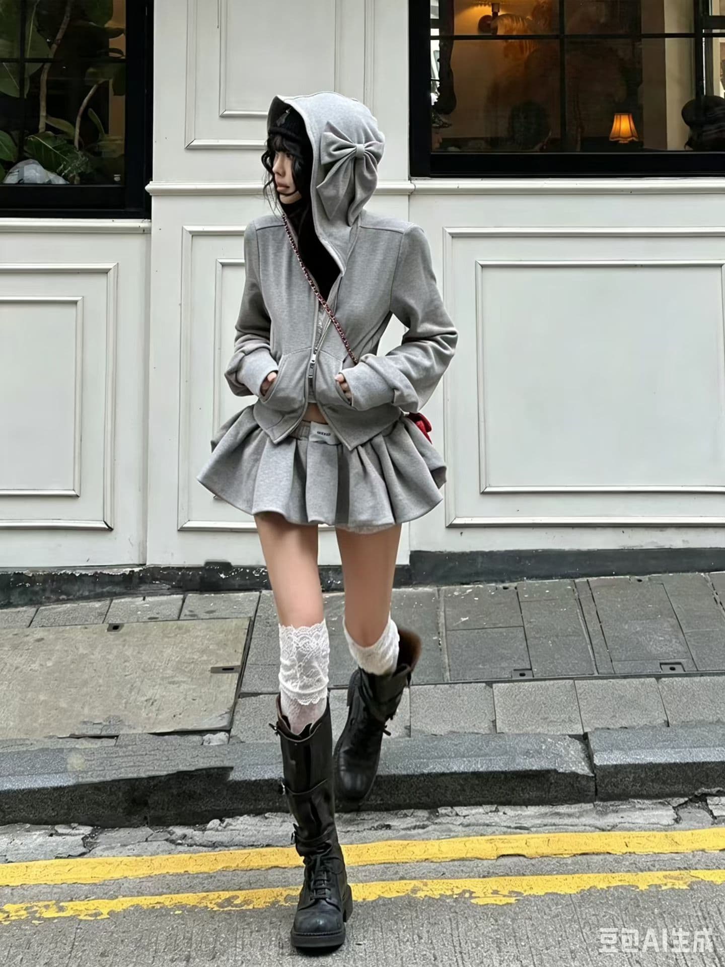 이른 가을 전체 집합 착용 가져 가라. 카키 색 나비 매듭 후드 티 스웨터 여성 작은 키 쇼트 스타일 카디건 코트 세트 이미지 4