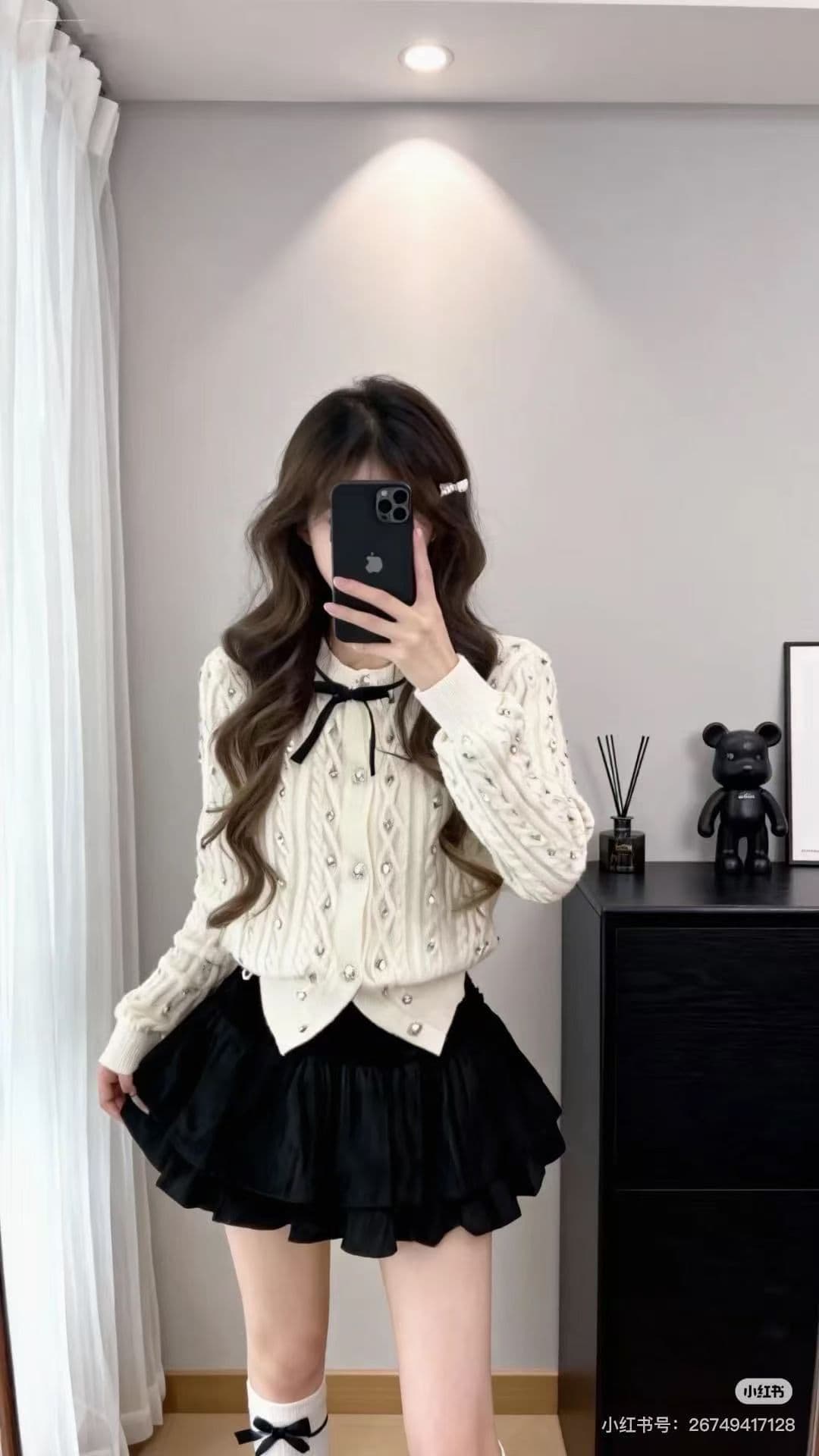 작은 샤넬 스타일 나비 매듭 꽈배기 니트 오픈 가디건 맨위 여성 품격 스웨터 코트 가을 반신 스커트 투피스 세트 상세 이미지 4