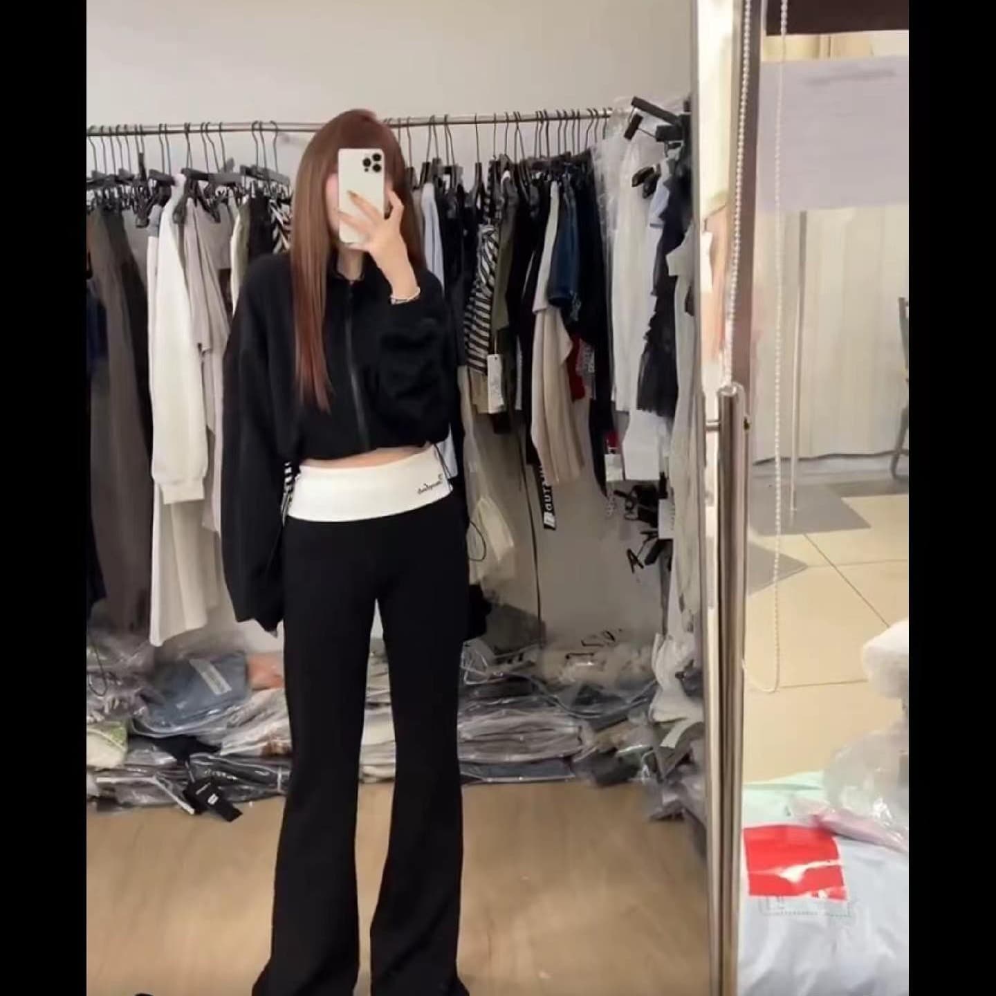 이른 가을 패션 한국 스타일 스탠드 칼라 펌프 로프 후드티 재킷 하이웨이스트 슬림해 보이는 부츠컷 바지 투피스 세트 캐주얼 세트 이미지 5