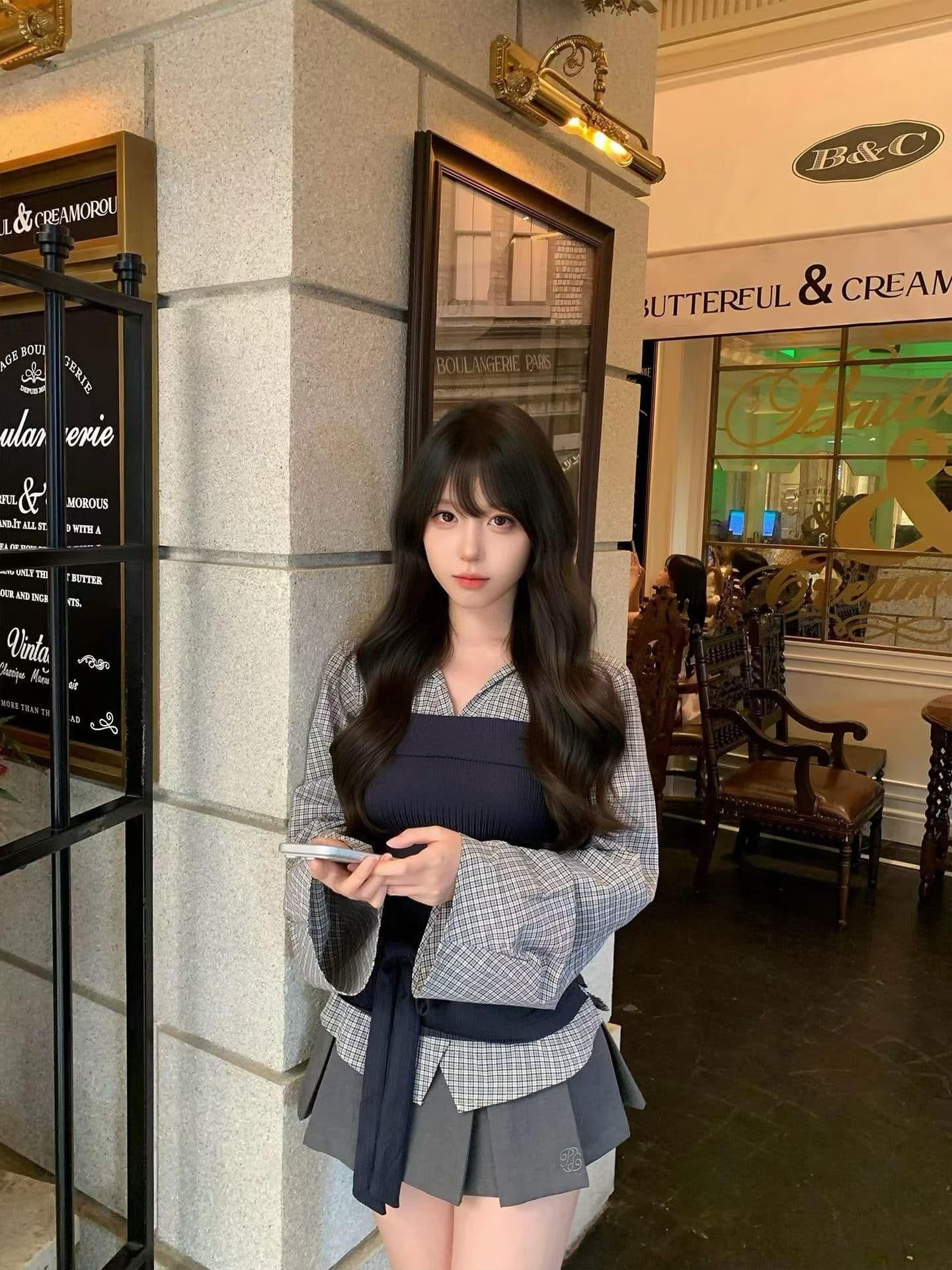 이른 가을 ootd 캐주얼 착용 가져 가라. 디자인 센스 패치워크 페이크 레이어드 셔츠 커플 반신 스커트 투피스 세트 상세 이미지 5