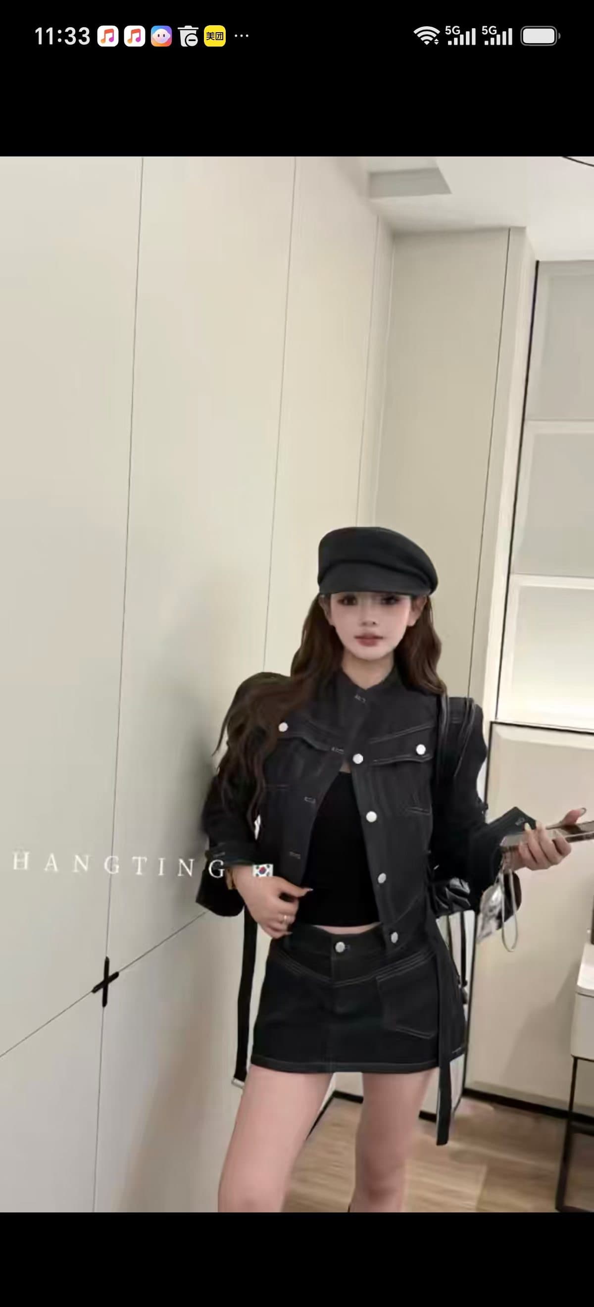 가을 의상 코디 전체 집합 한국 드라마 고급 센스 빛 요리 한 바람 로얄 자매 튀김 거리 데님 재킷 반신 스커트 투피스 세트 상세 이미지 3