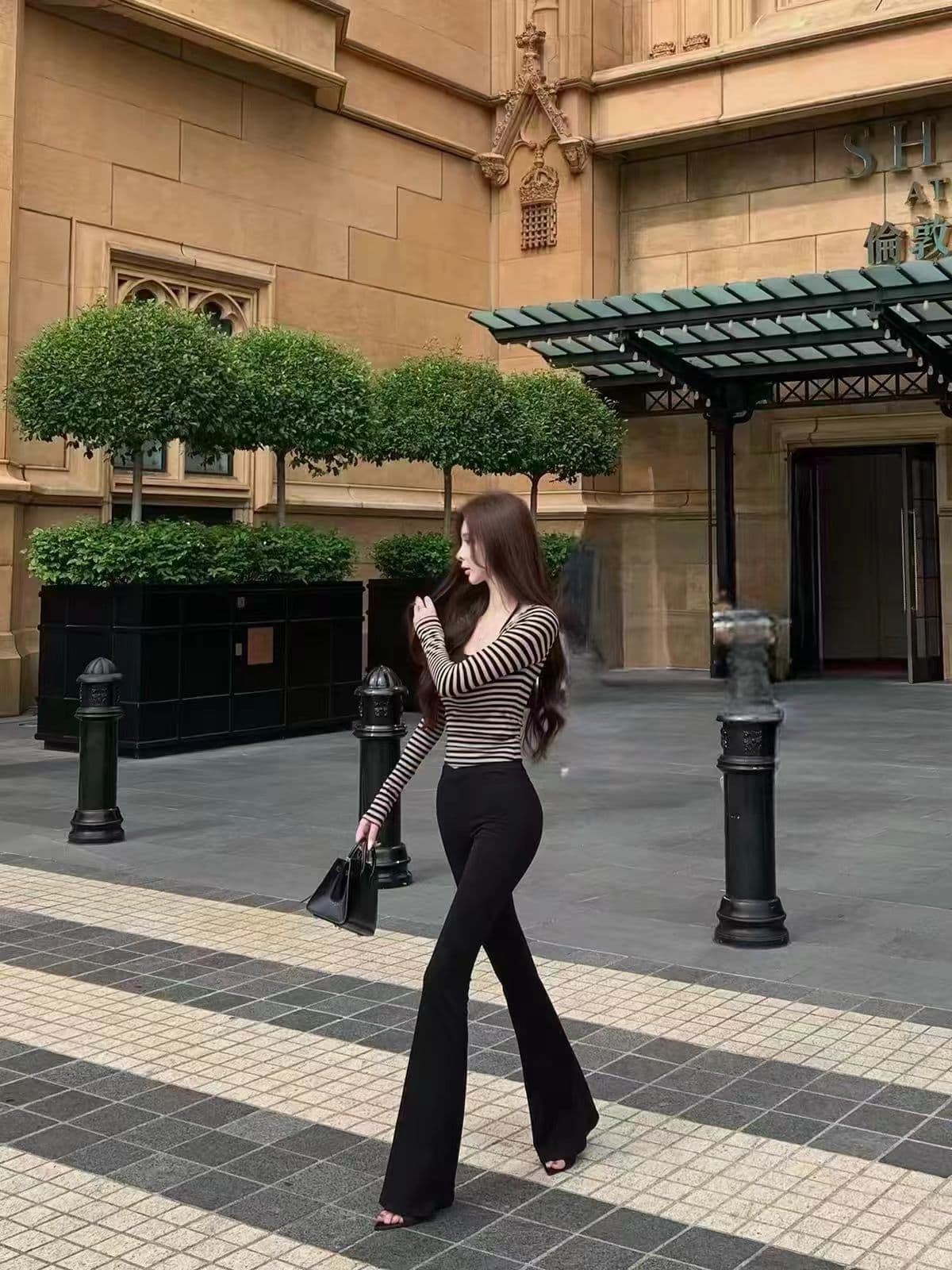 레트로 스타일 행침 목 단추 긴팔 스트라이프 티셔츠 여성 2026 가을 품격 맨위 바지 3종 세트 상세 이미지 4