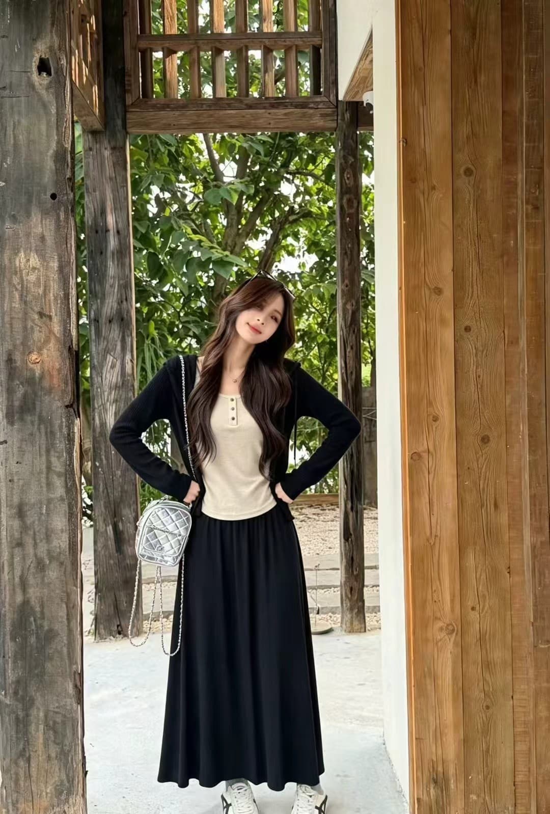이른 가을 새로운 품격 긴팔 오픈 가디건 작은 외투 슬립 뒤로 하이웨이스트 반신 스커트 롱 스커트 세 조각 여성 세트 상세 이미지 5