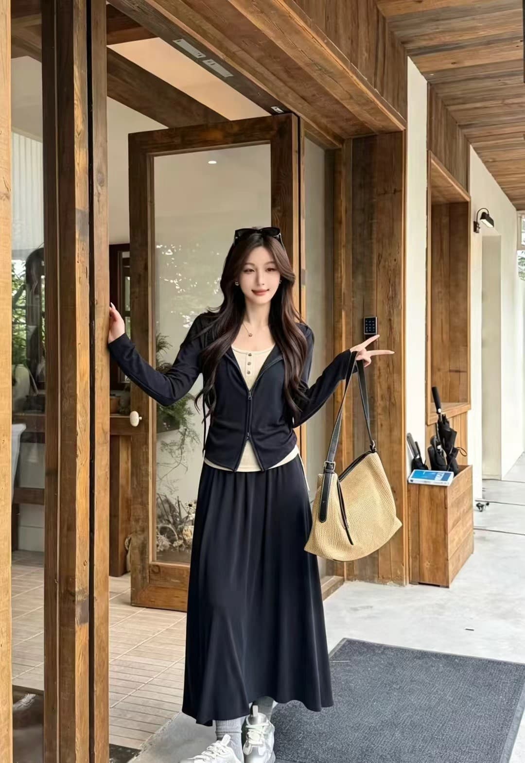 이른 가을 새로운 품격 긴팔 오픈 가디건 작은 외투 슬립 뒤로 하이웨이스트 반신 스커트 롱 스커트 세 조각 여성 세트 상세 이미지 12