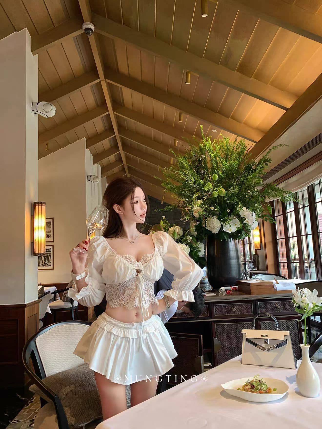2026 순수한 욕망 레이스 요소 하나 중첩 블라우스 슬립 반 스커트 세트 상세 이미지 3