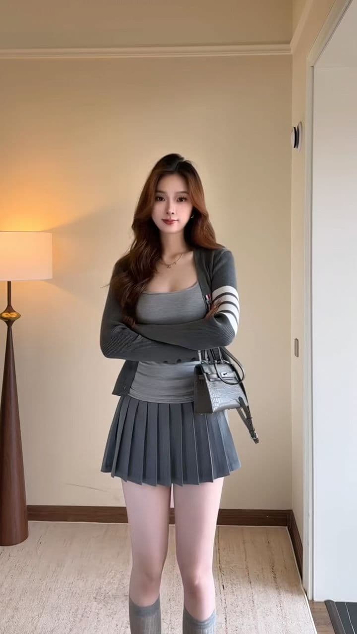 한국 스타일 품격 연령 감소 v 넥타이 버클 긴팔 니트 오픈 가디건 조끼 한 마디 모직 플리츠 스커트 세 조각 여성 세트 이미지 2