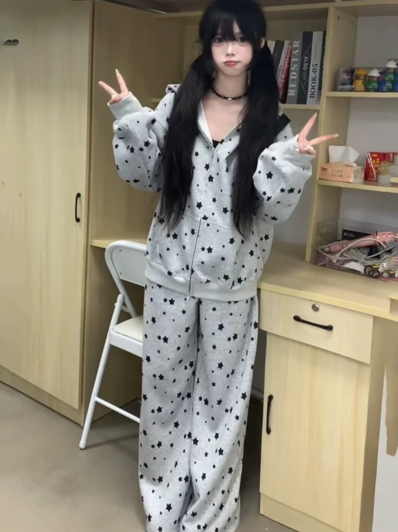 아메리칸 별 전체 인쇄 토끼 귀 후드 티 스웨터 여성 가을 겨울 느긋한 바람 루즈핏 캐주얼 투피스 슈트 상세 이미지 2