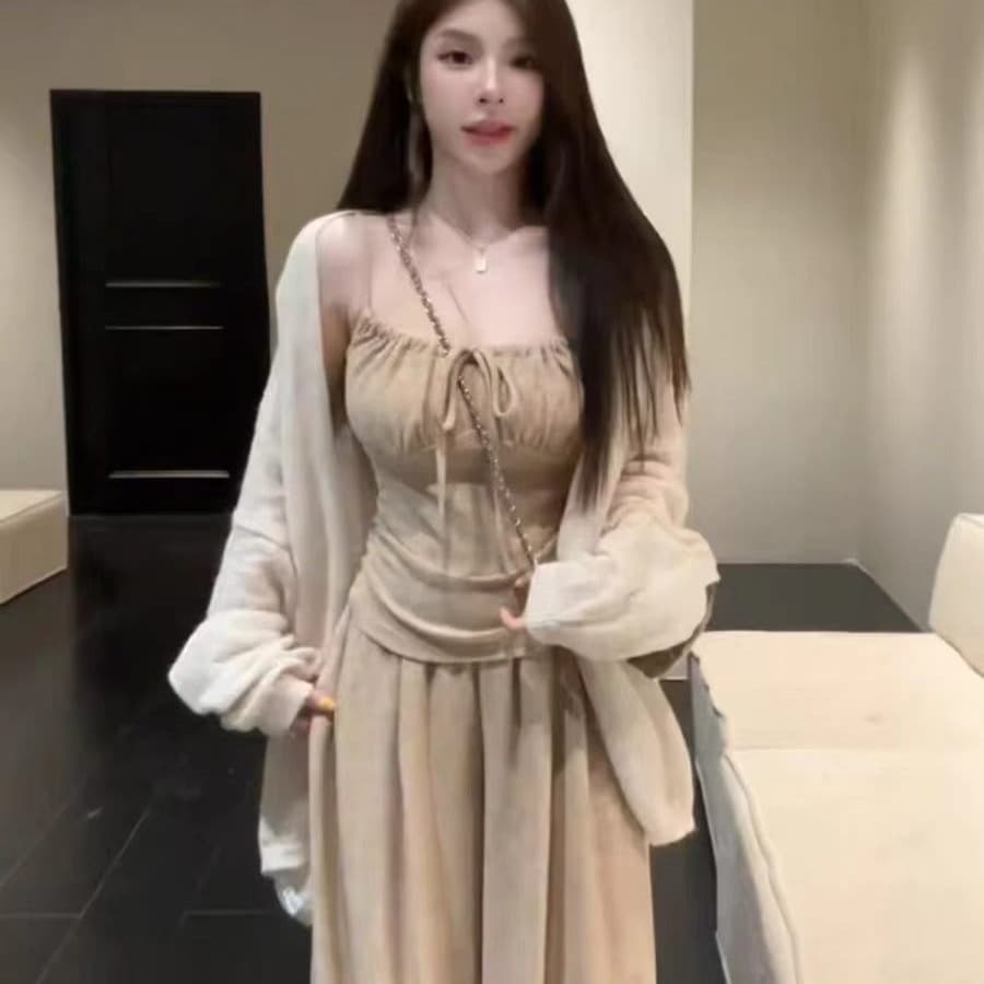 2026 한 부서 패션 캐주얼 스웨터 코트 주름 슬립 허리밴드 와이드 레그 팬츠 3종 세트 이미지 5