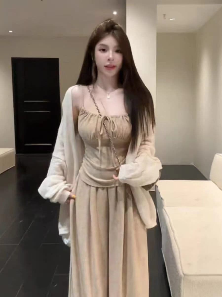2026 한 부서 패션 캐주얼 스웨터 코트 주름 슬립 허리밴드 와이드 레그 팬츠 3종 세트 상세 이미지 5