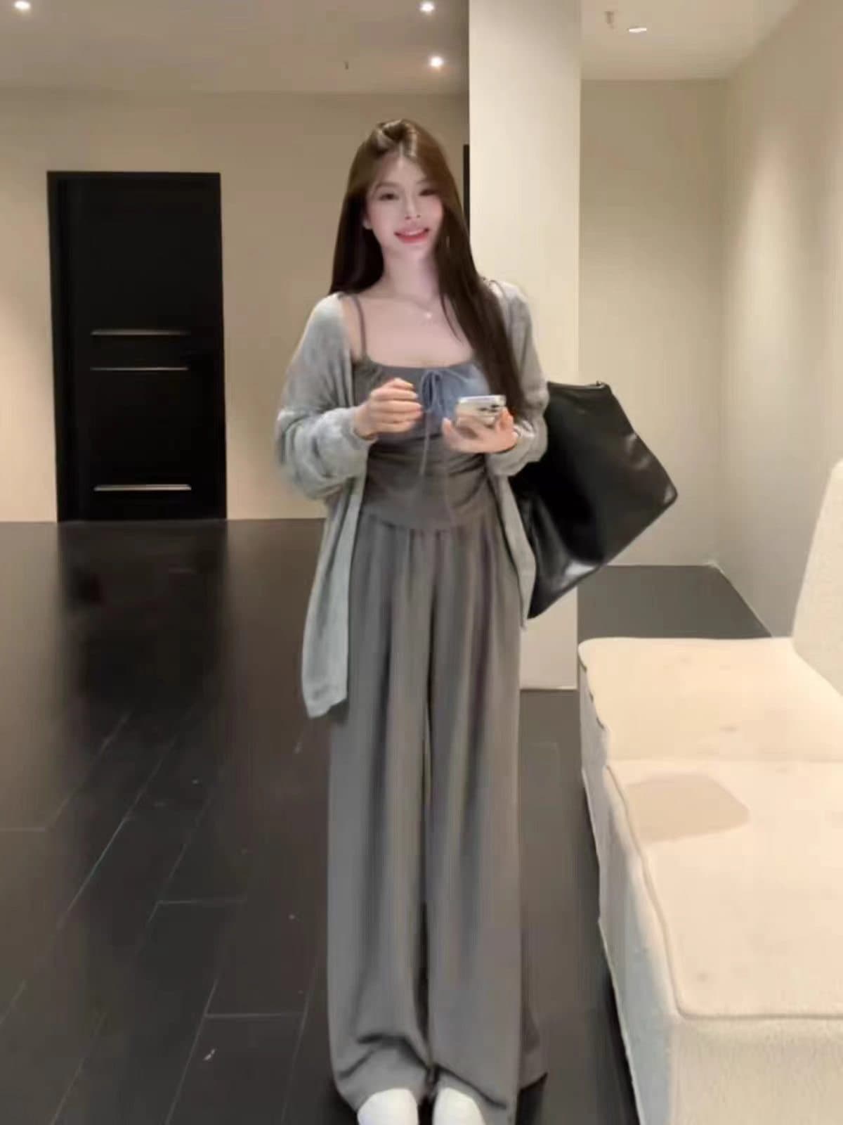 2026 한 부서 패션 캐주얼 스웨터 코트 주름 슬립 허리밴드 와이드 레그 팬츠 3종 세트 상세 이미지 6