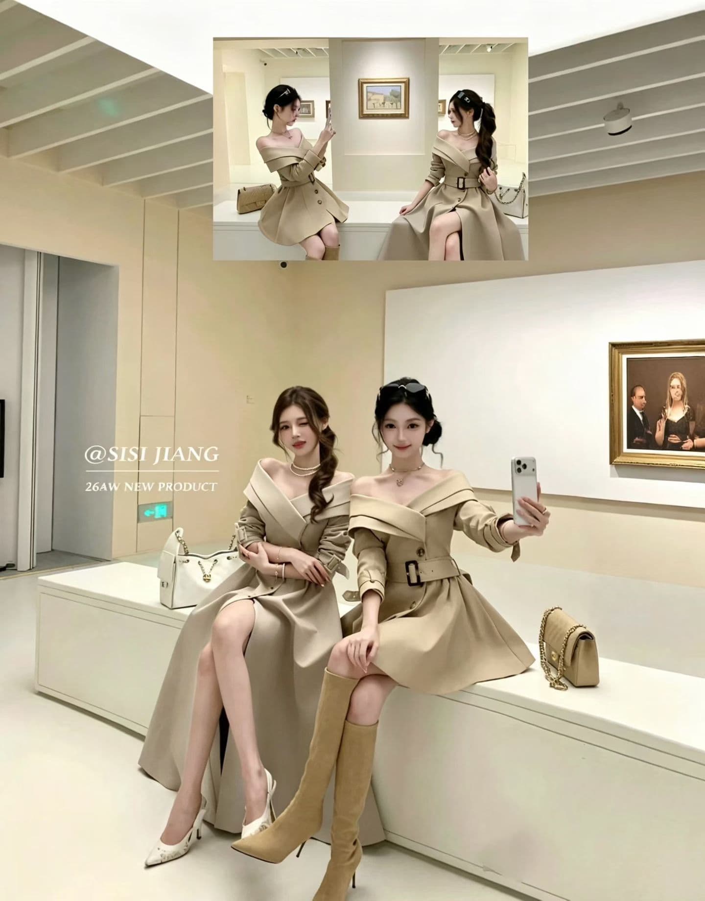 가을 품격 빅 칼라 이중 버튼 허리 수축 슬림해 보이는 바람막이 롱 코트 재킷 드레스 벨트 포함 여성 이미지 2