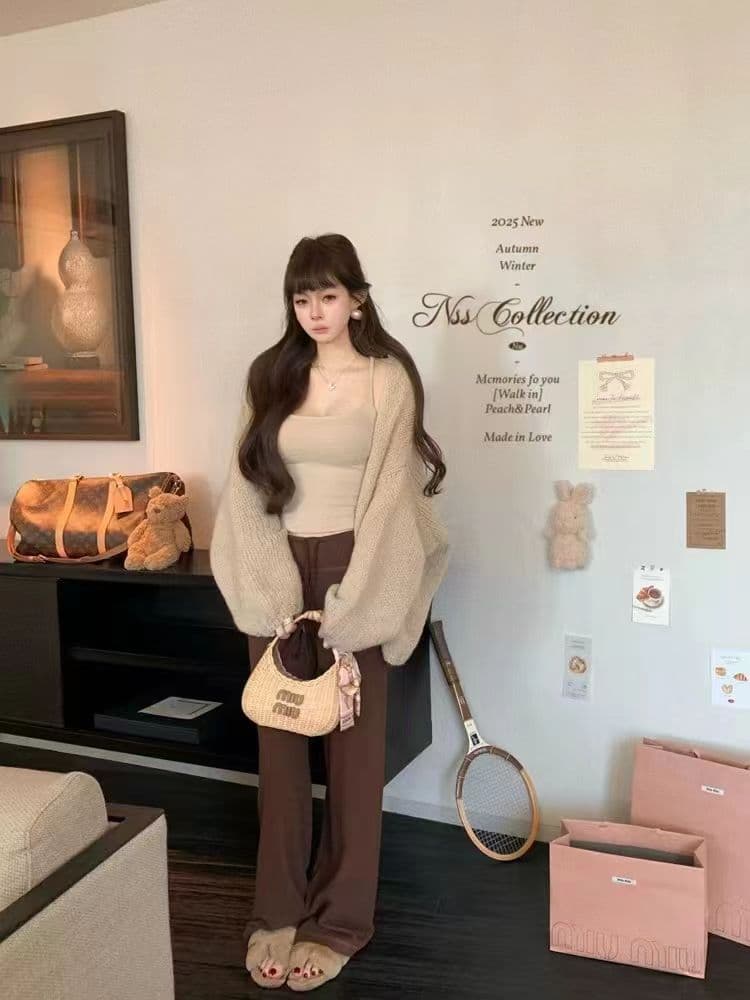 새로운 여성 의류 부드러운 찹쌀 루즈핏 녹색 스웨터 오픈 가디건 한국 스타일 레트로 느긋한 바람 조끼 캐주얼 바지 3종 세트
