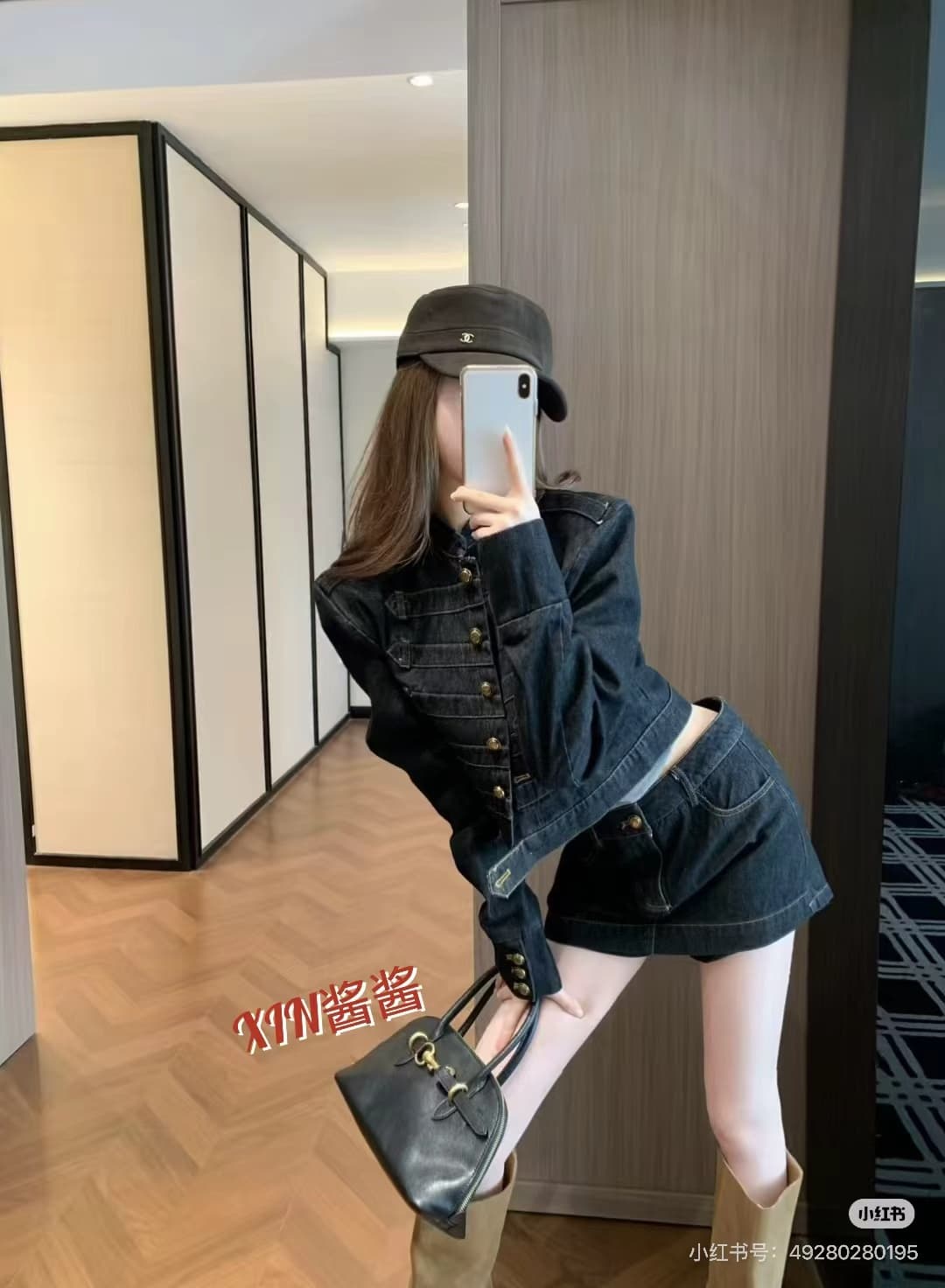 레트로 궁정 바람 스탠드 칼라 금 버클 쇼트 스타일 데님 재킷 세트 여성 하이웨이스트 한 마디 데님 미니 스커트 투피스 세트 이미지 2