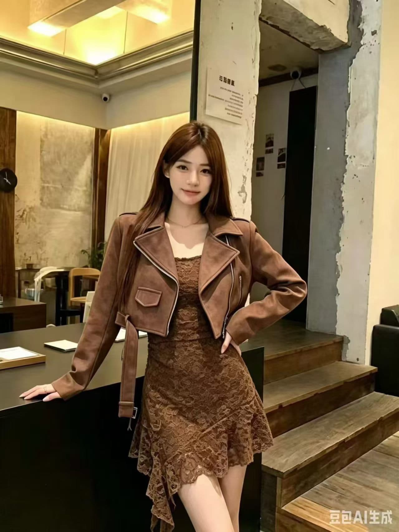한 부서 핫걸 V넥 주름 다용도 허리 수축 드레스 레트로 오토바이 바람 뒤집다 디스크 pu 가죽 자켓 두 조각 여성 세트