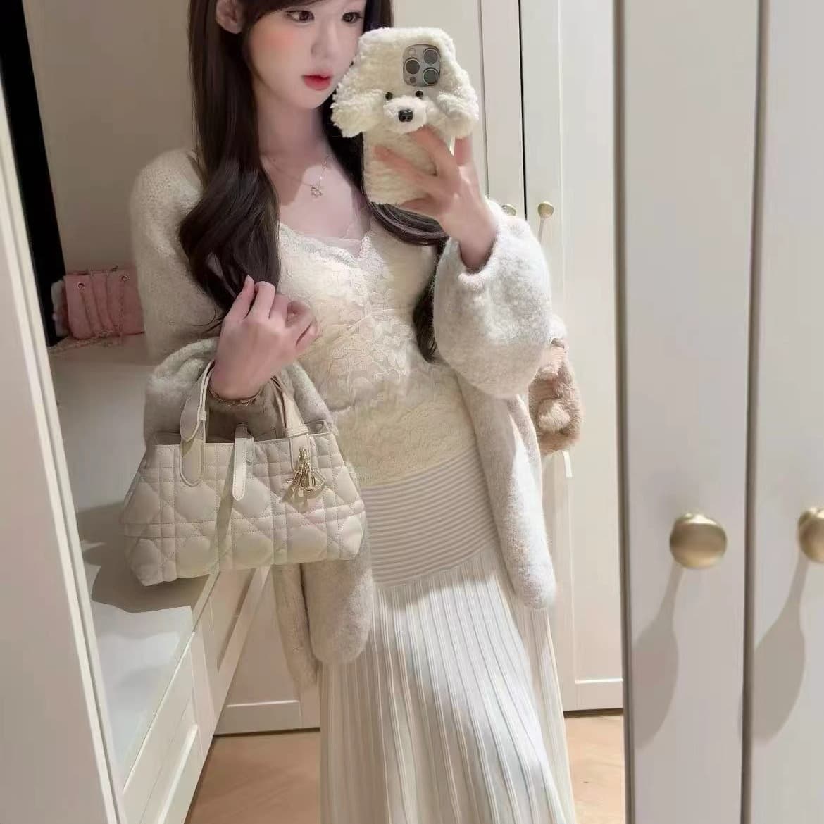 가을 겨울 한국 스타일 새로운 루즈핏 느긋한 외부 가져 가라. 슬림해 보이는 V넥 니트 스웨터 조끼 반신 스커트 3종 세트 이미지 5