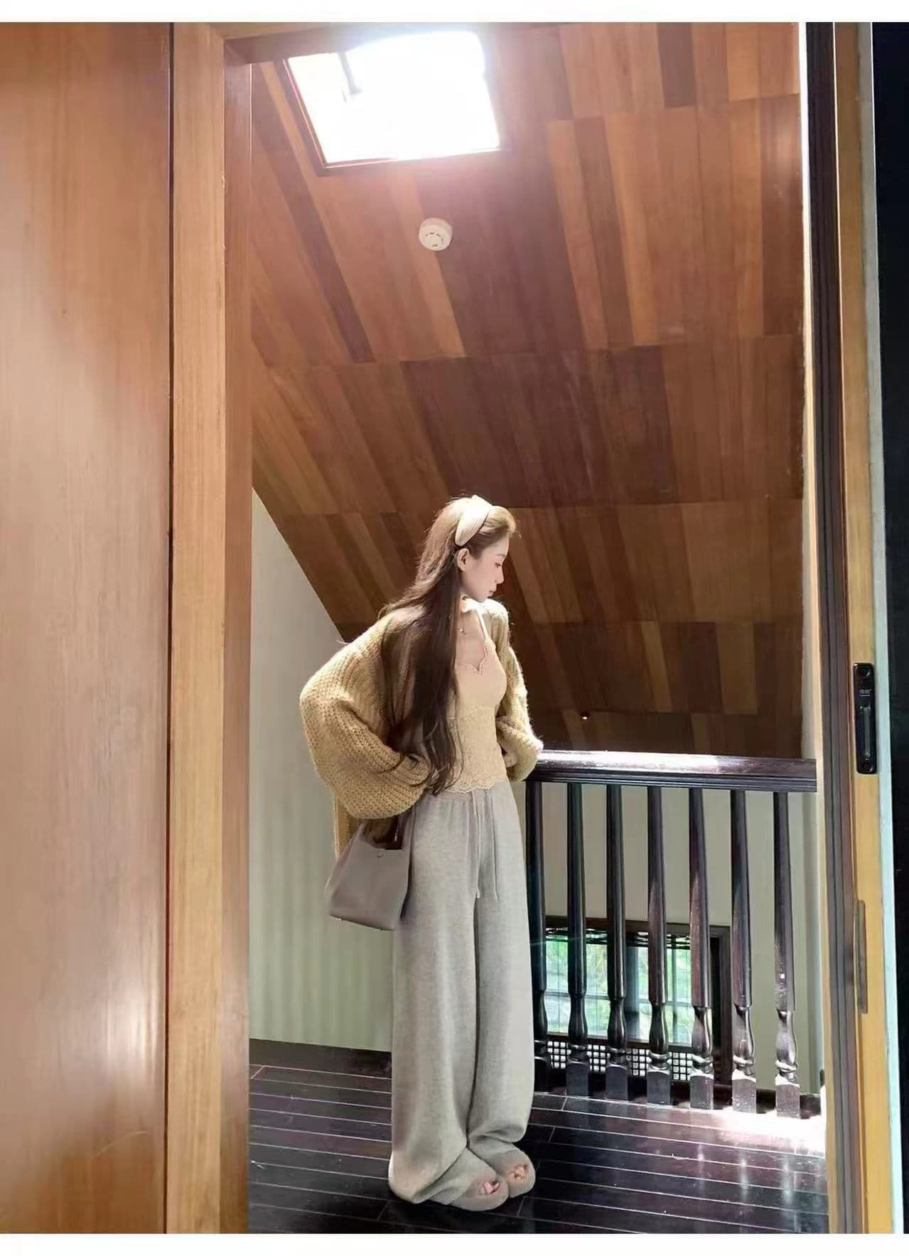 느긋한 바람 긴팔 니트 스웨터 코트 레이스 슬립 여성 가을 겨울 부드러운 세트 망사 캐주얼 바지 3종 세트 상세 이미지 6