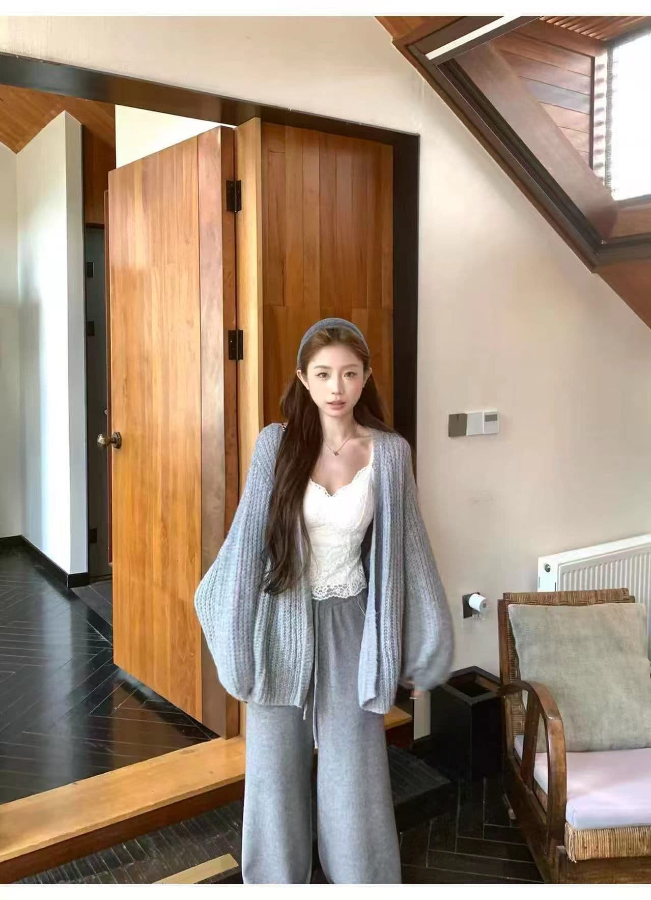 느긋한 바람 긴팔 니트 스웨터 코트 레이스 슬립 여성 가을 겨울 부드러운 세트 망사 캐주얼 바지 3종 세트 상세 이미지 7