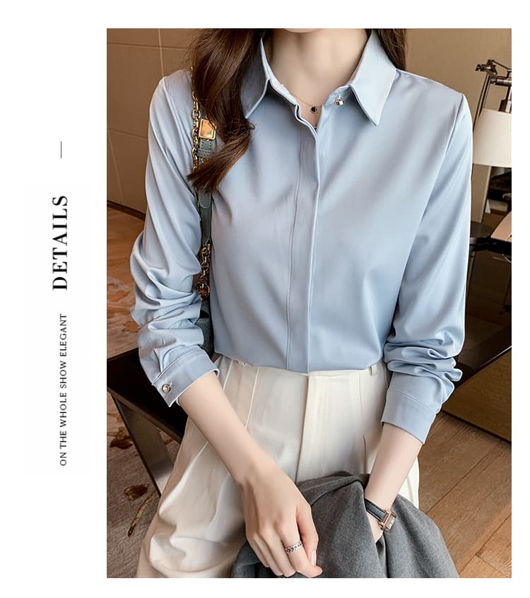 실사 화이트 시뮬레이션 실크 셔츠 프랑스식 고급 품격 POLO 칼라 경력 몸매 가꾸기 다용도 새틴 작은 셔츠 맨위 상세 이미지 30