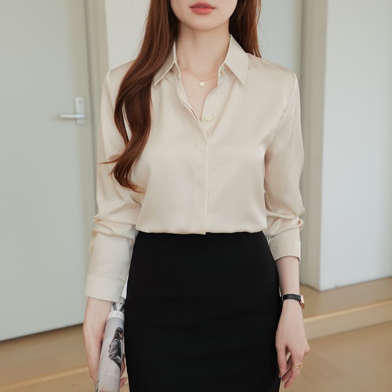 실사 2026 가을 새로운 아세트산 새틴 고급 센스 경력 셔츠 품격 정장 인사이드 가져 가라. 긴팔 맨위 여성 이미지 3