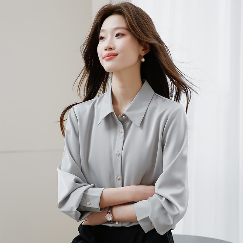 2026 가을 새로운 긴팔 플러시 센스 새틴 셔츠 폴로 칼라 셔츠 디자인 센스 빛 요리 한 항구 바람 새틴 셔츠 이미지 5