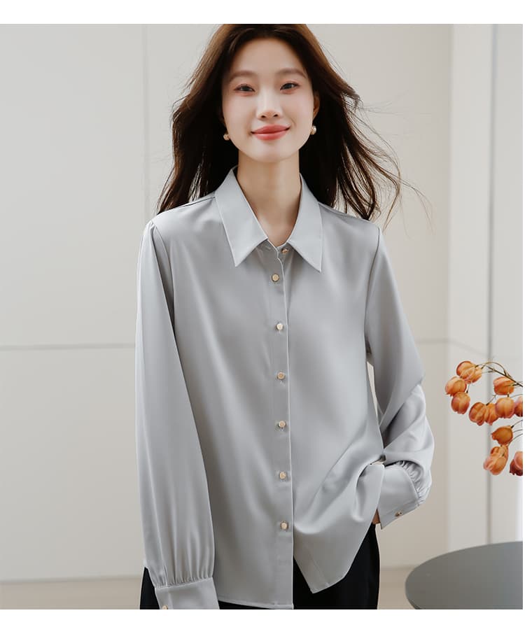 2026 가을 새로운 긴팔 플러시 센스 새틴 셔츠 폴로 칼라 셔츠 디자인 센스 빛 요리 한 항구 바람 새틴 셔츠 상세 이미지 19